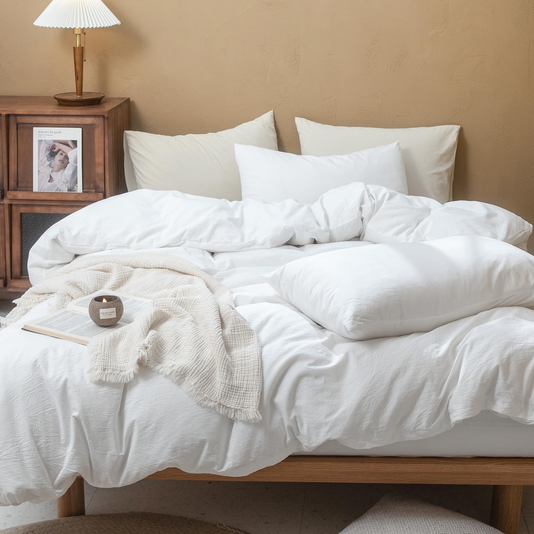 Fossa Duvet Cover Set 100% Washed Cotton Linen Feel Super Soft Breathable Cozy 3 Pieces Bedding Sets Solid Bright White Queen
