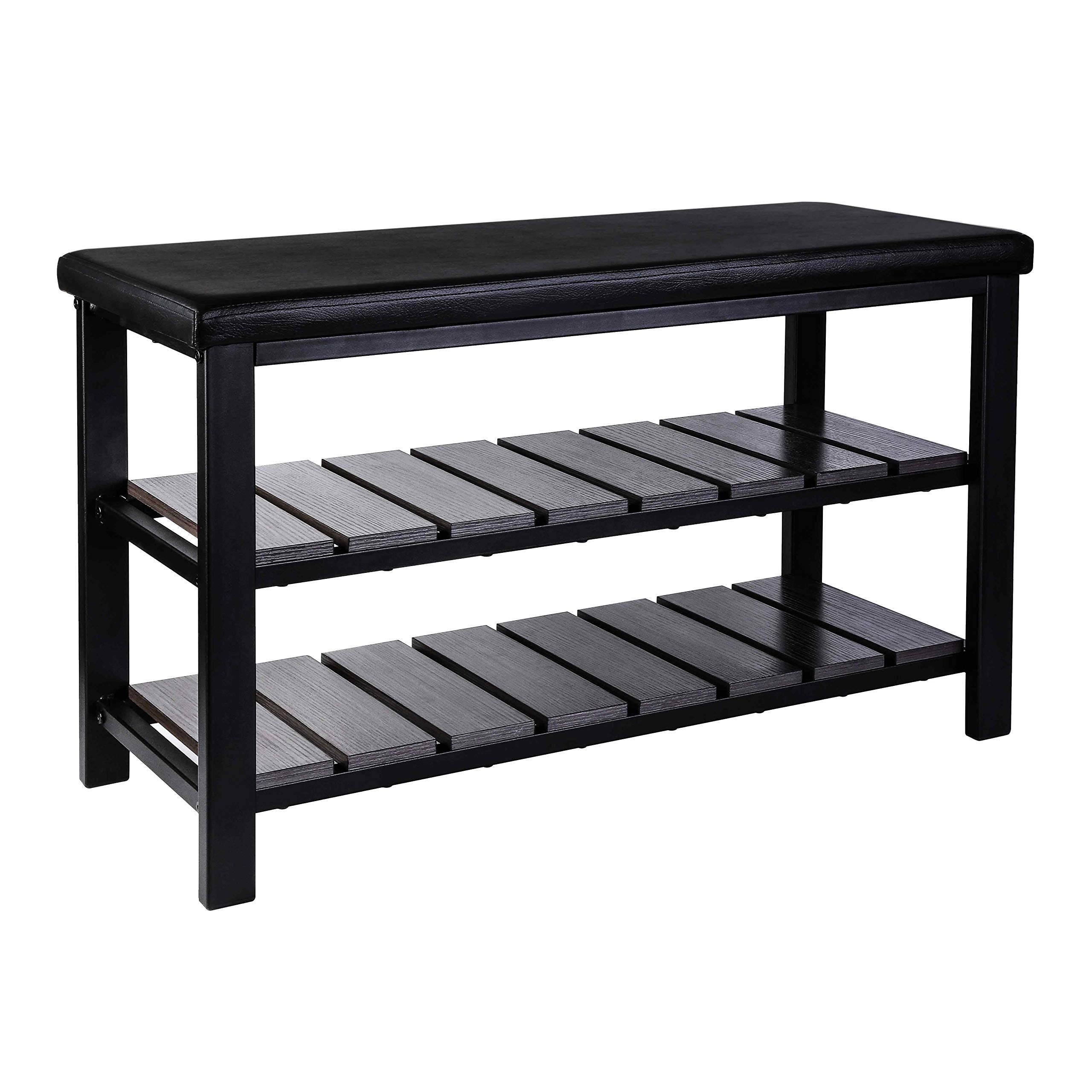 Finnhomy 3-Tier Shoe Rack Bench Cushion. Holds Up to 400 lb Rack, for Entryway, Bedroom, Hallway, Accent Furniturn, Elegant Blac