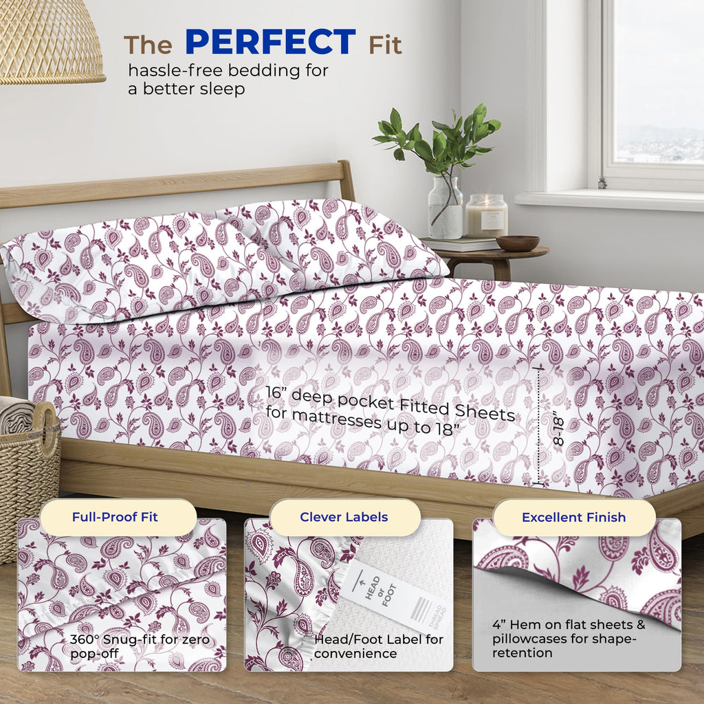 Thread Spread 100% Egyptian Cotton Printed Bed Sheets - 600 Thread Count 4 Pc Full Sheet Set, Hotel Luxury Sateen Bedsheets, 16' Deep Pocket Extra Soft Cooling Sheets For Full Size Bed - Paisley