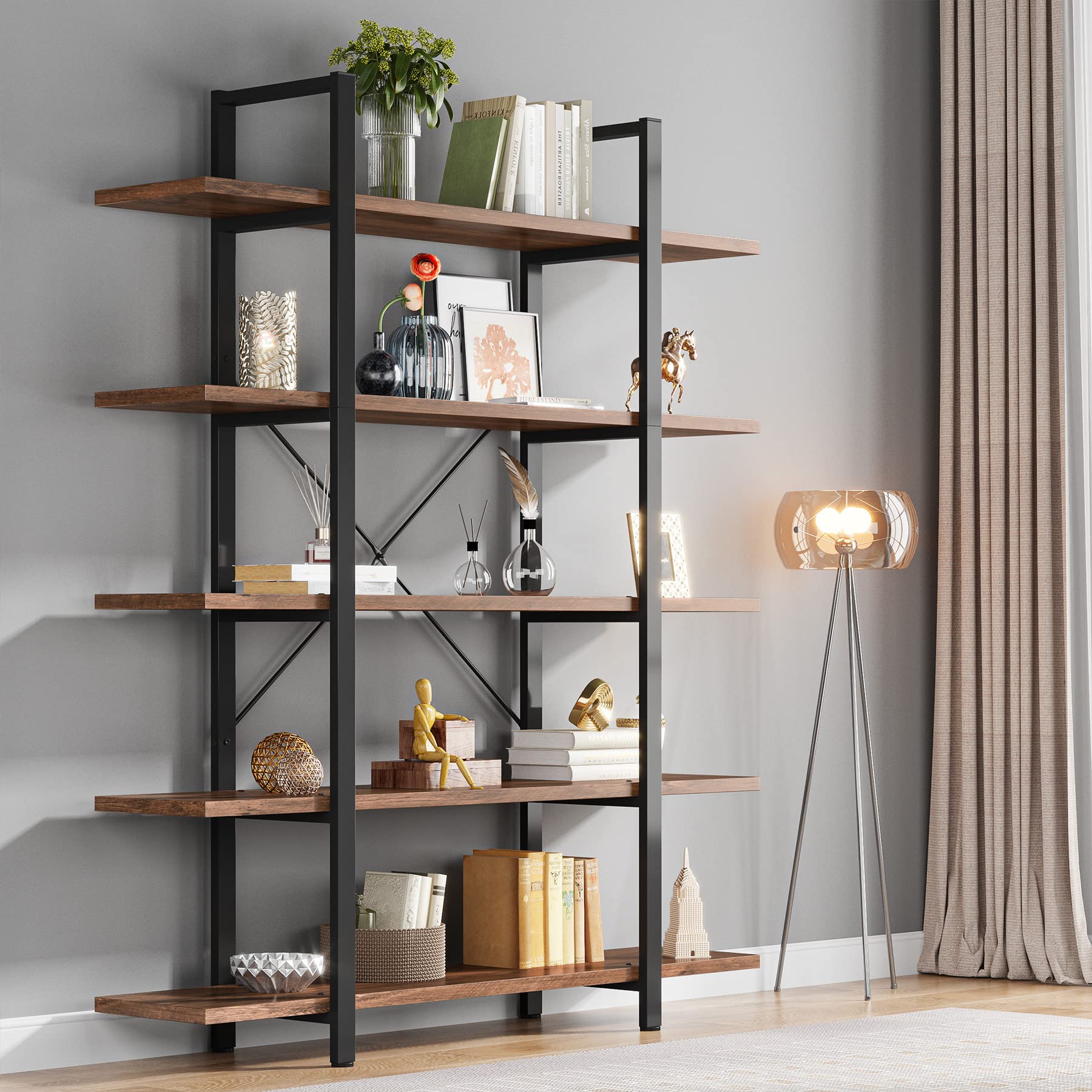 Tribesigns 5-Tier Bookshelf, Vintage Industrial Style Bookcase 72 H X 12 W X 47L Inches