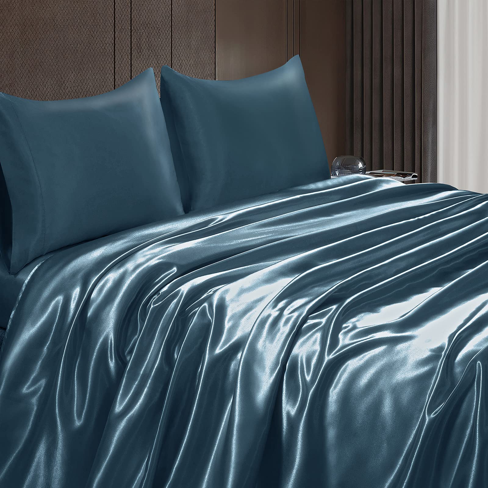 Homiest 3Pcs Satin Sheets Set Luxury Silky Satin Bedding Set With Deep Pocket, 1 Fitted Sheet + 1 Flat Sheet + 1 Pillowcase (Twin Xl Size, Deep Sea Blue)
