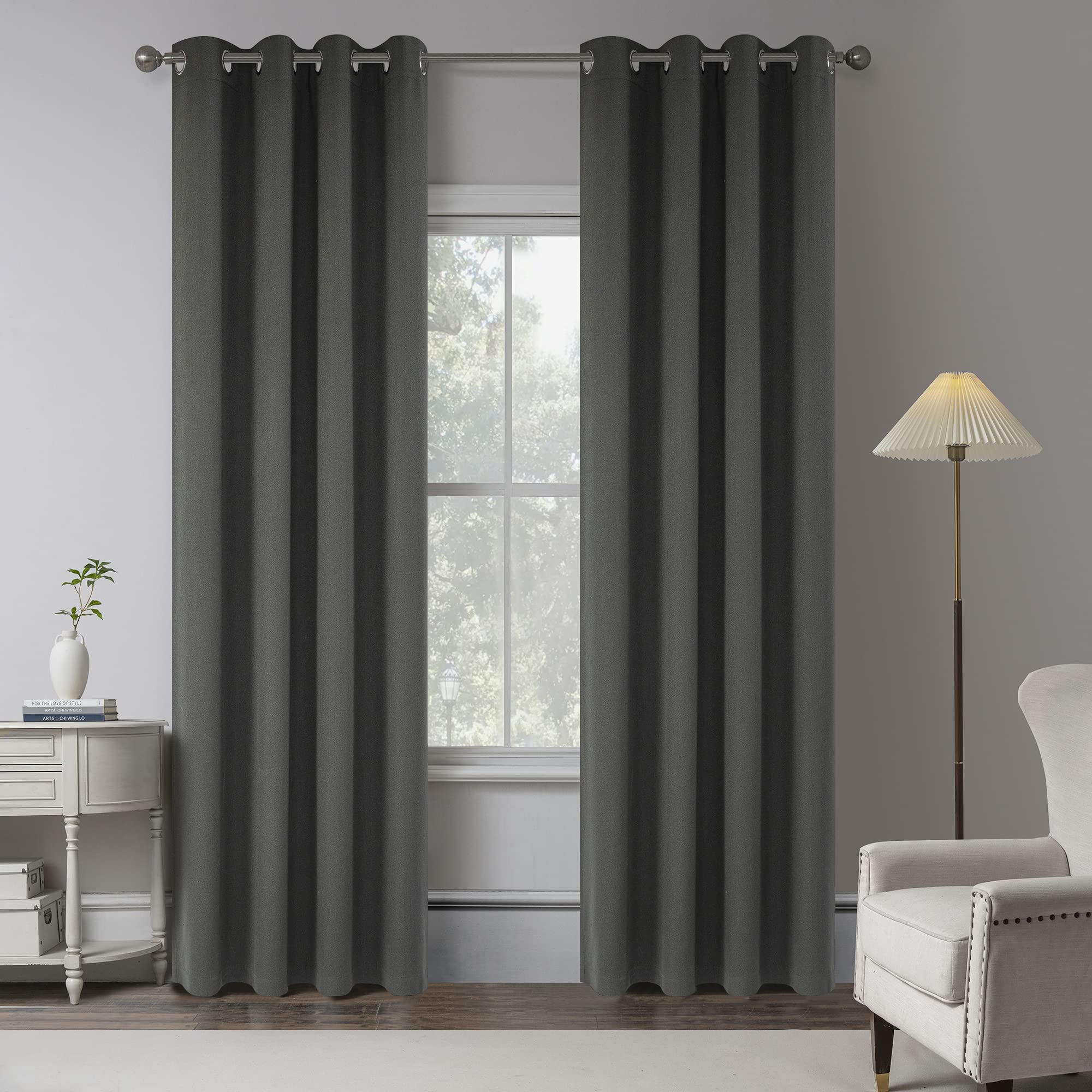 Charcoal Grey 100% Blackout Linen Curtains 90 Inches Long 2 Panels For Bedroom,Burlap Modern Farmhouse Full Black Out Room Darke