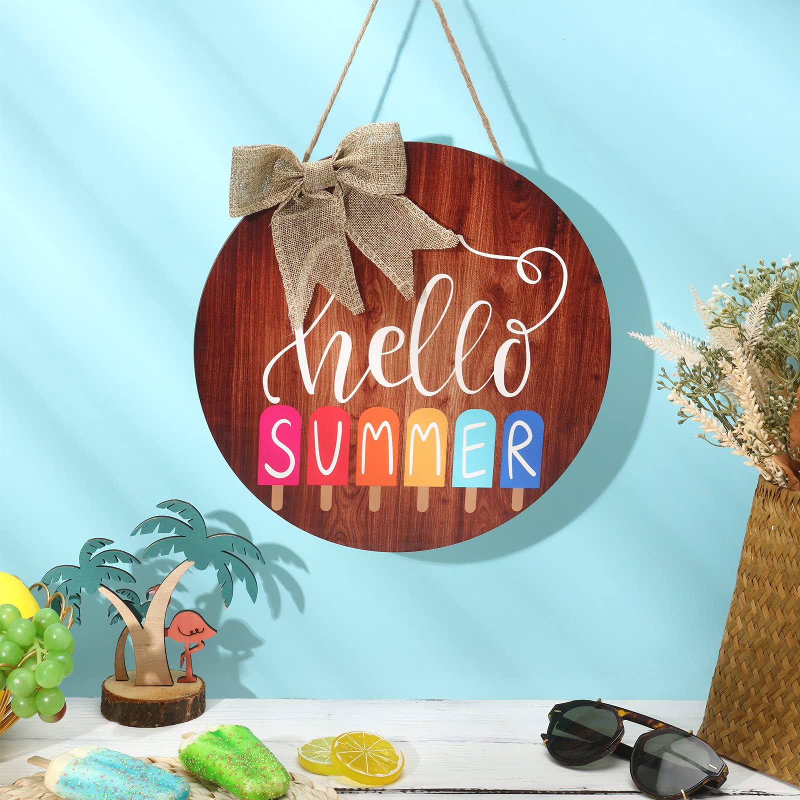 Hello Summer Sign 12 X 12 Inch Summer Welcome Sign Front Door Decor Farmhouse Porch Decoration Round Wooden Hanging Sign For Hom
