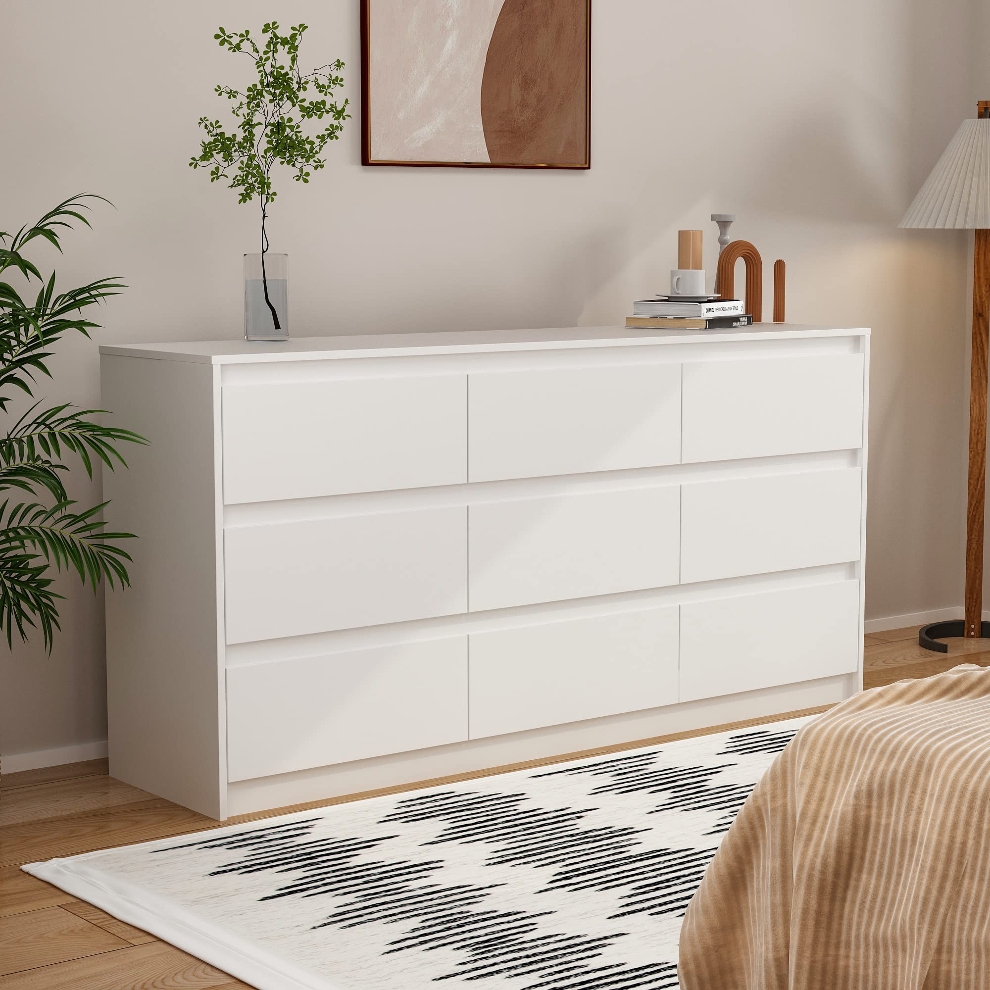 Homsee 9 Drawers Double Dresser, Modern Wood Dresser Chest of Drawers with Large Storage Space for Bedroom, White (63   L x 15.7