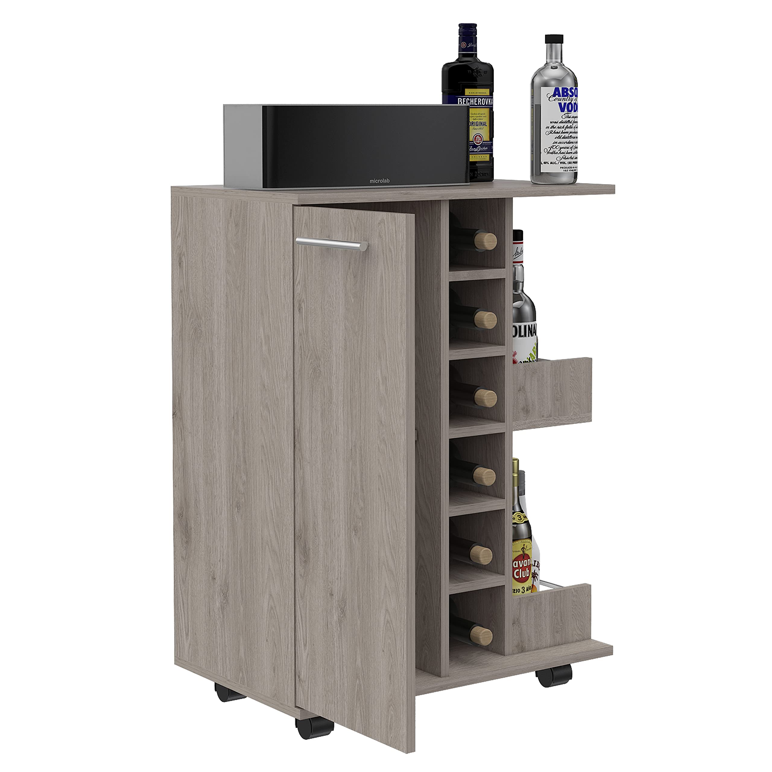 DEPOT E-SHOP Magda Bar Cart with Four Casters, Six Built-in Wine Rack, Single Door Cabinet, and Two External Shelves, 32.32" H, Light Gray, Living Room
