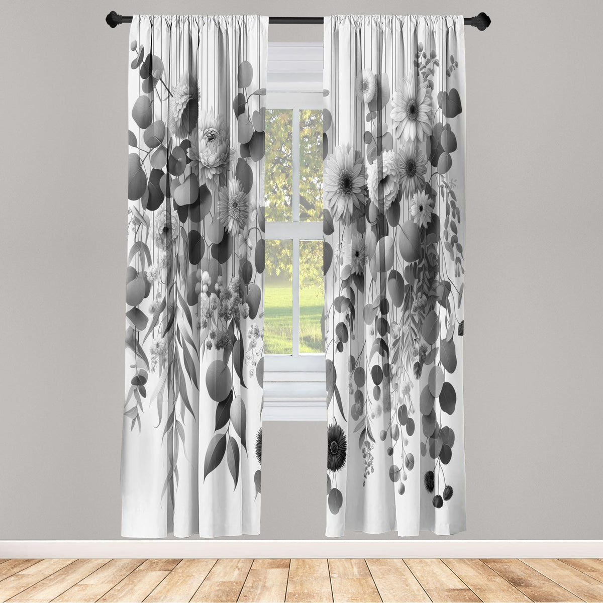 Ambesonne Grey Window Curtains Pack Of 2, Modern Illustration Of Futurist Design Leafy Floral Scene Monochrome Style, Lightweight Set & Rod Pocket, 4 Panels Of - 28' X 95', Pearl Charcoal Grey