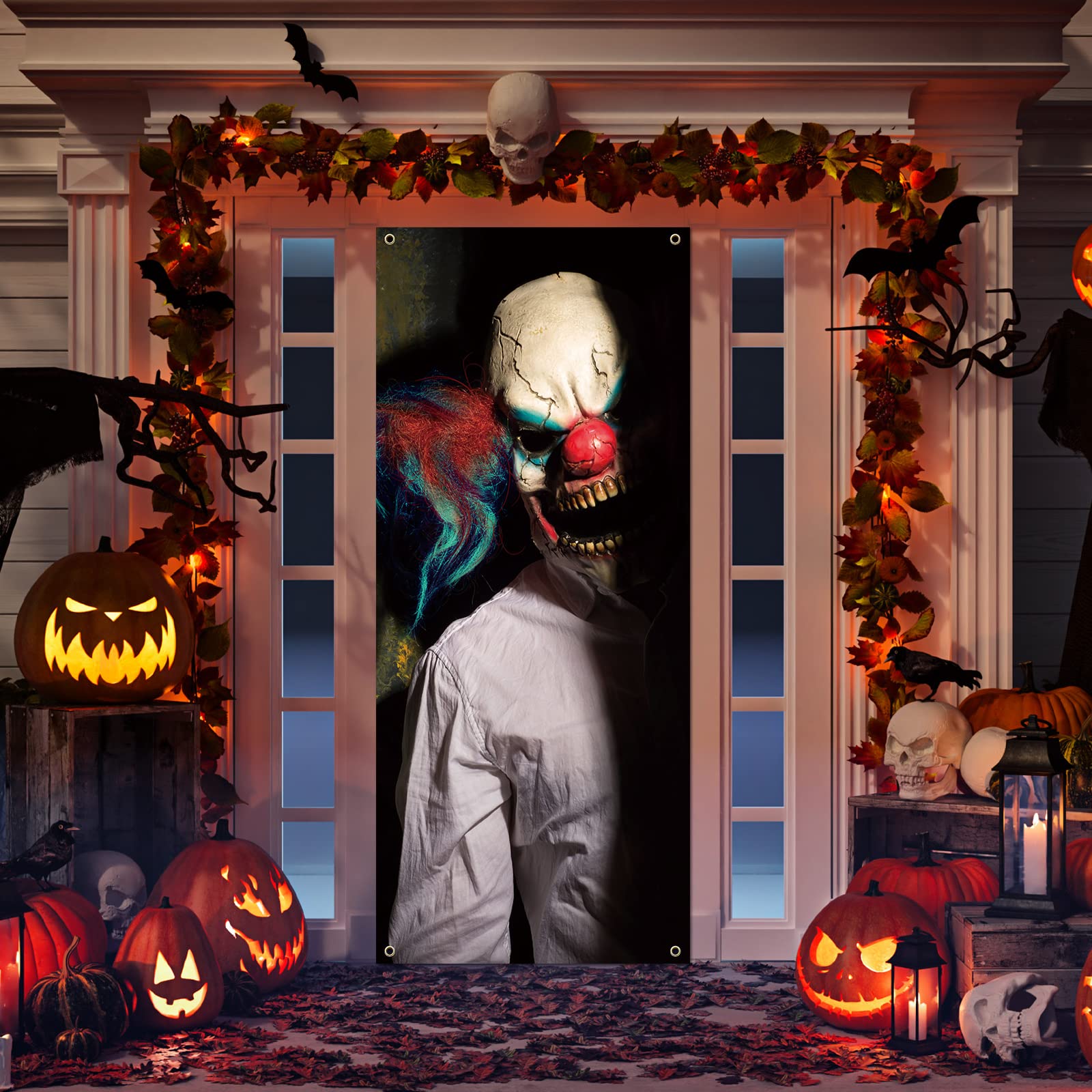 Evil Clown Ghost Door Cover Halloween Door Decorations 79 X 35 Inches Scary Clown Ghost Window Decals Creepy Photo Posters Banne
