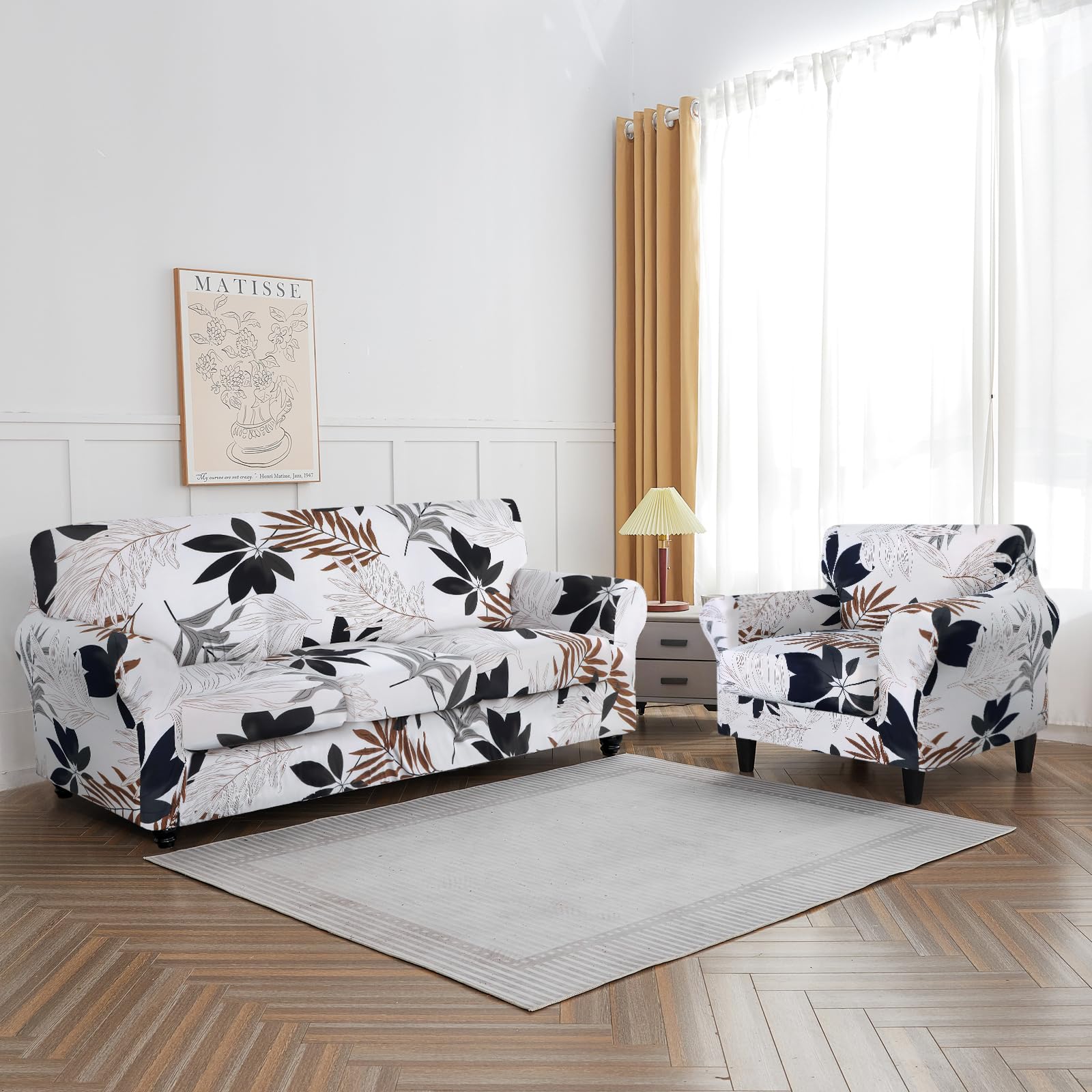 Searchi Stretch Sofa Cover Printed Couch Cover, Floral Pattern 4 Pieces Sofa Slipcover With 3 Separate Cushion Cover, Washable Furniture Protector For Living Room(Sofa, Maple Leaf Pattern)