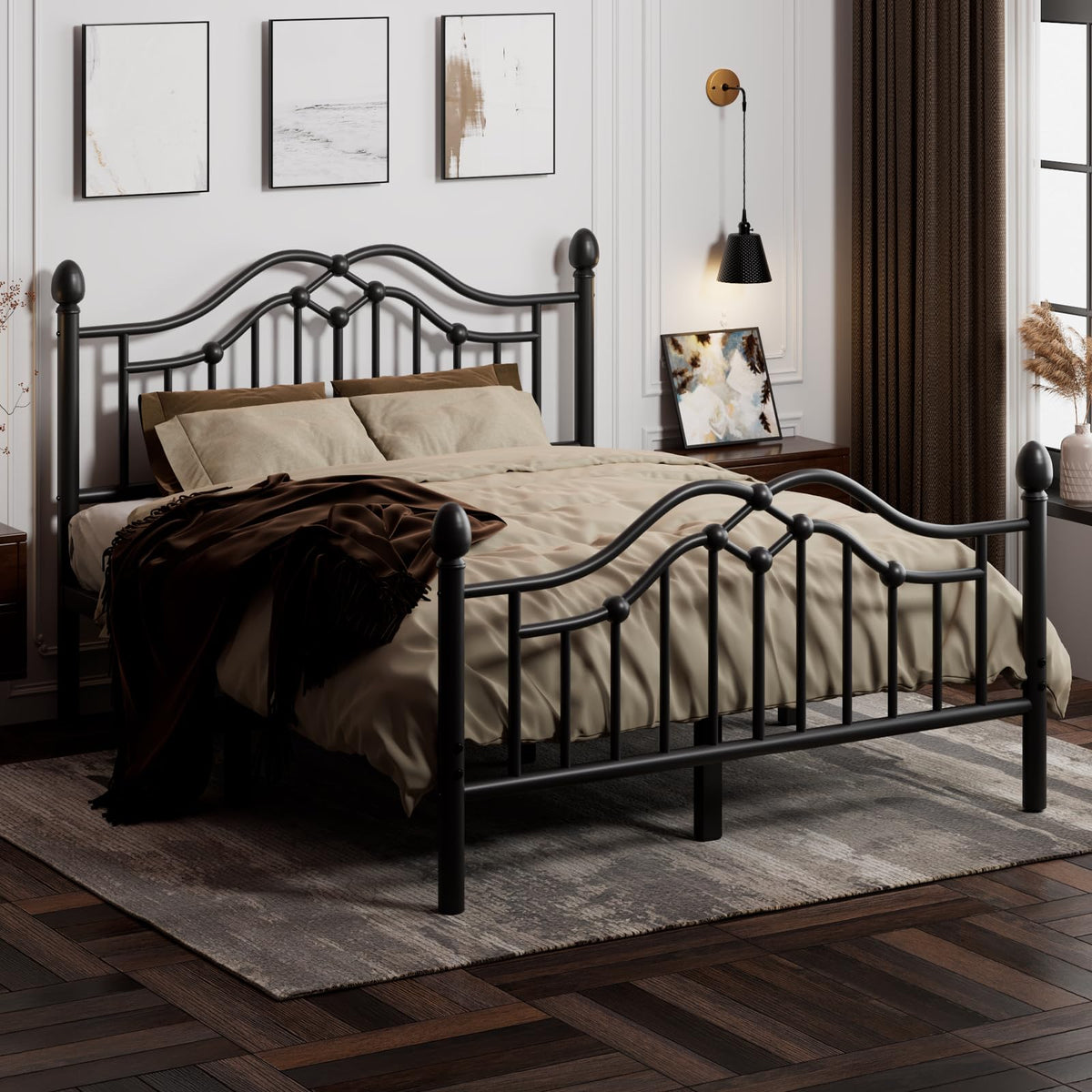 LoVinson Queen Metal Bed Frame with Headboard and Footboard, Modern Iron Platform Bed Frame Support Up to 1200LBS, Under Bed Sto