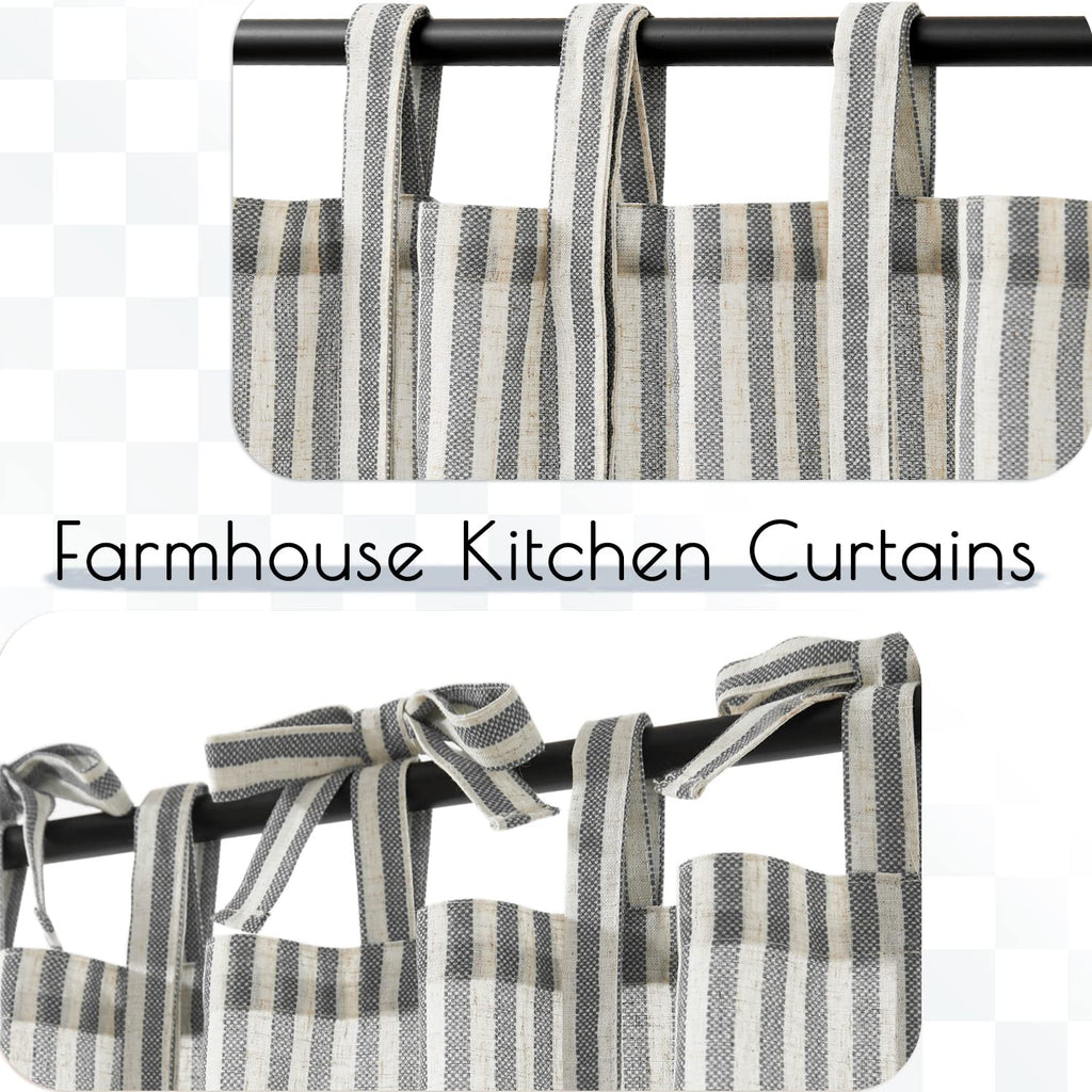 Jinchan Kitchen Curtains Striped Tie Top Linen Tier Curtains 36 Inch Length Short Curtains For Bedroom Living Room Bathroom Farmhouse Light Filtering Rod Pocket Cafe Curtains 2 Panels Black On Beige