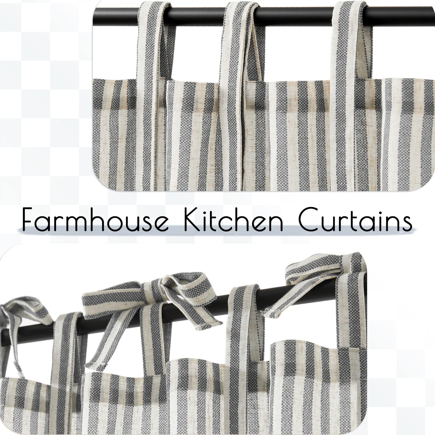 Jinchan Kitchen Curtains Striped Tie Top Linen Tier Curtains 36 Inch Length Short Curtains For Bedroom Living Room Bathroom Farmhouse Light Filtering Rod Pocket Cafe Curtains 2 Panels Black On Beige
