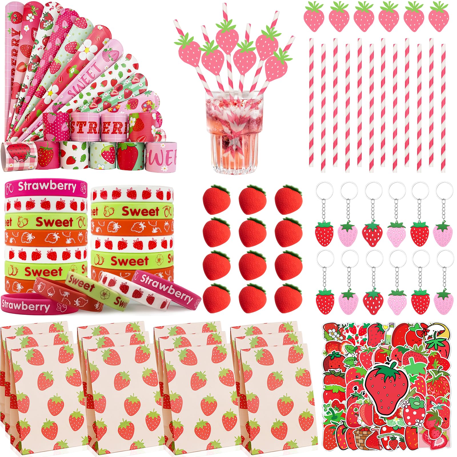 VAMWOGO Strawberry Party Favors 122Pcs Themed Birthday Decorations Supplies Keychain Slap Bracelets Goodie Bags Stickers Eraser 