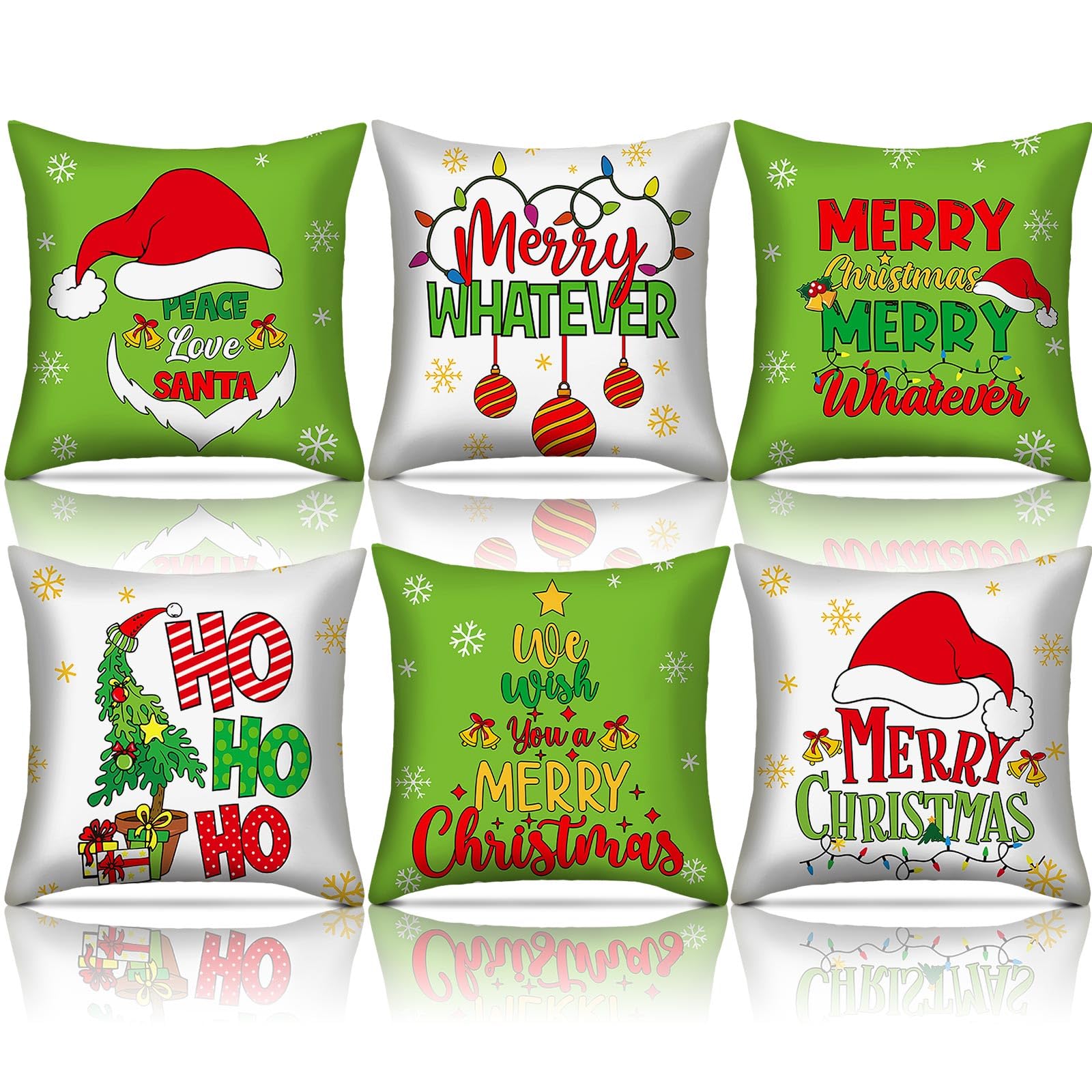 FuWeave 6 Pcs Christmas Pillow Covers 18 x 18 Inch Decorative Lime Green Red Xmas Pillow Cushion Case Pillowcase Square Christma