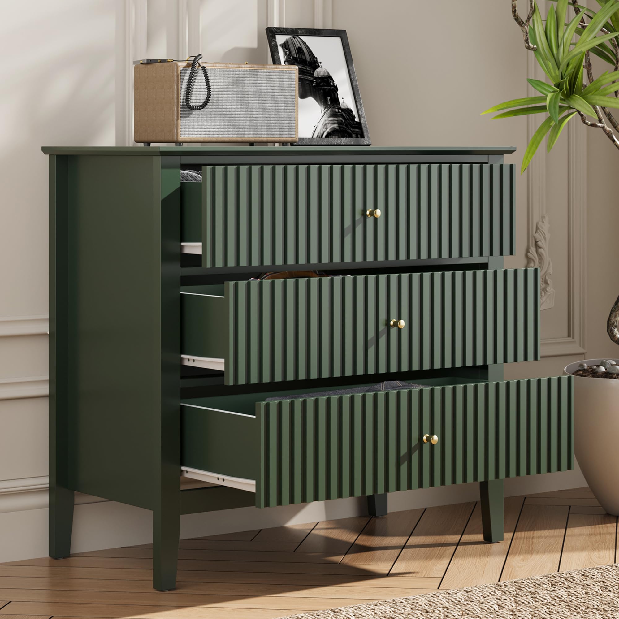 RoyalCraft Fluted 3 Drawer Dresser, Wide Chest of Drawers Modern Nightstand Cabinet Wood Dresser with Spacious Storage for Bedro