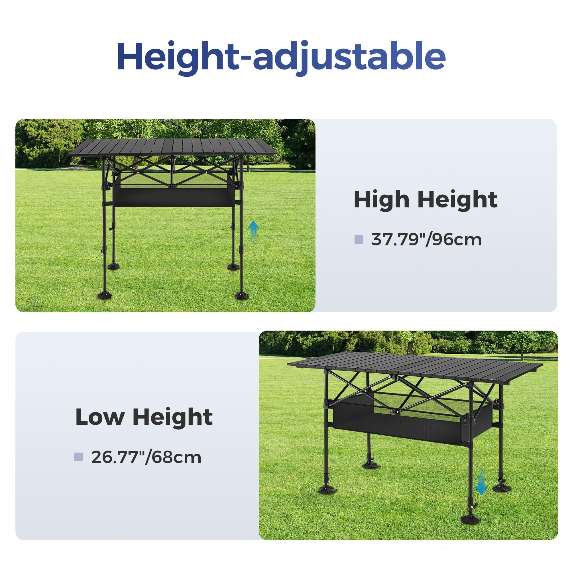 ALPHA CAMP Portable Aluminum Camping Table, Adjustable Height, Black, 46.46" L x 21.65" W