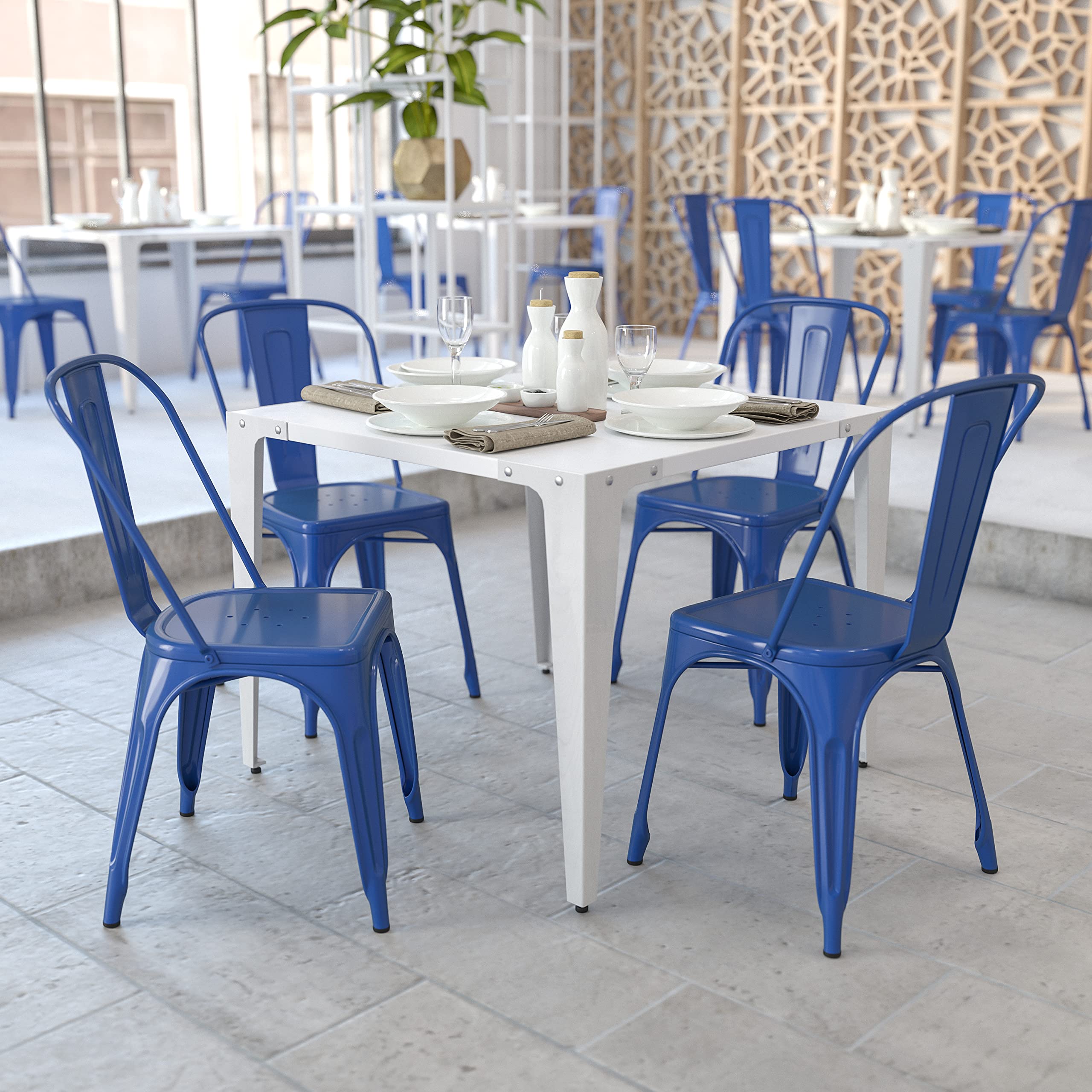 4 Pk. Blue Metal Indoor-Outdoor Stackable Chair