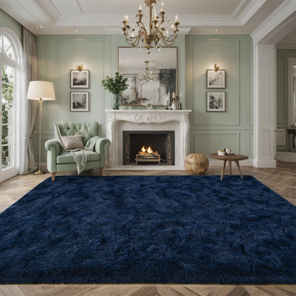 Larhom Extra Large Fluffy Shag Area Rug for Living Room, 8x10 ft Navy Blue Fuzzy Plush Rugs for Bedroom, Kids Girls Boys Room, N