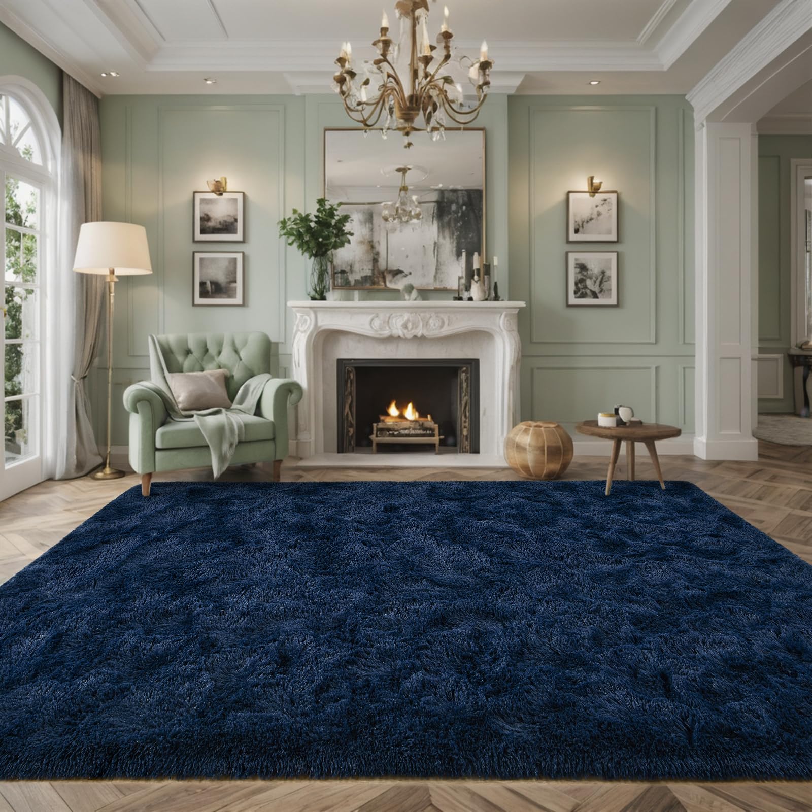 Larhom Extra Large Fluffy Shag Area Rug for Living Room, 8x10 ft Navy Blue Fuzzy Plush Rugs for Bedroom, Kids Girls Boys Room, N
