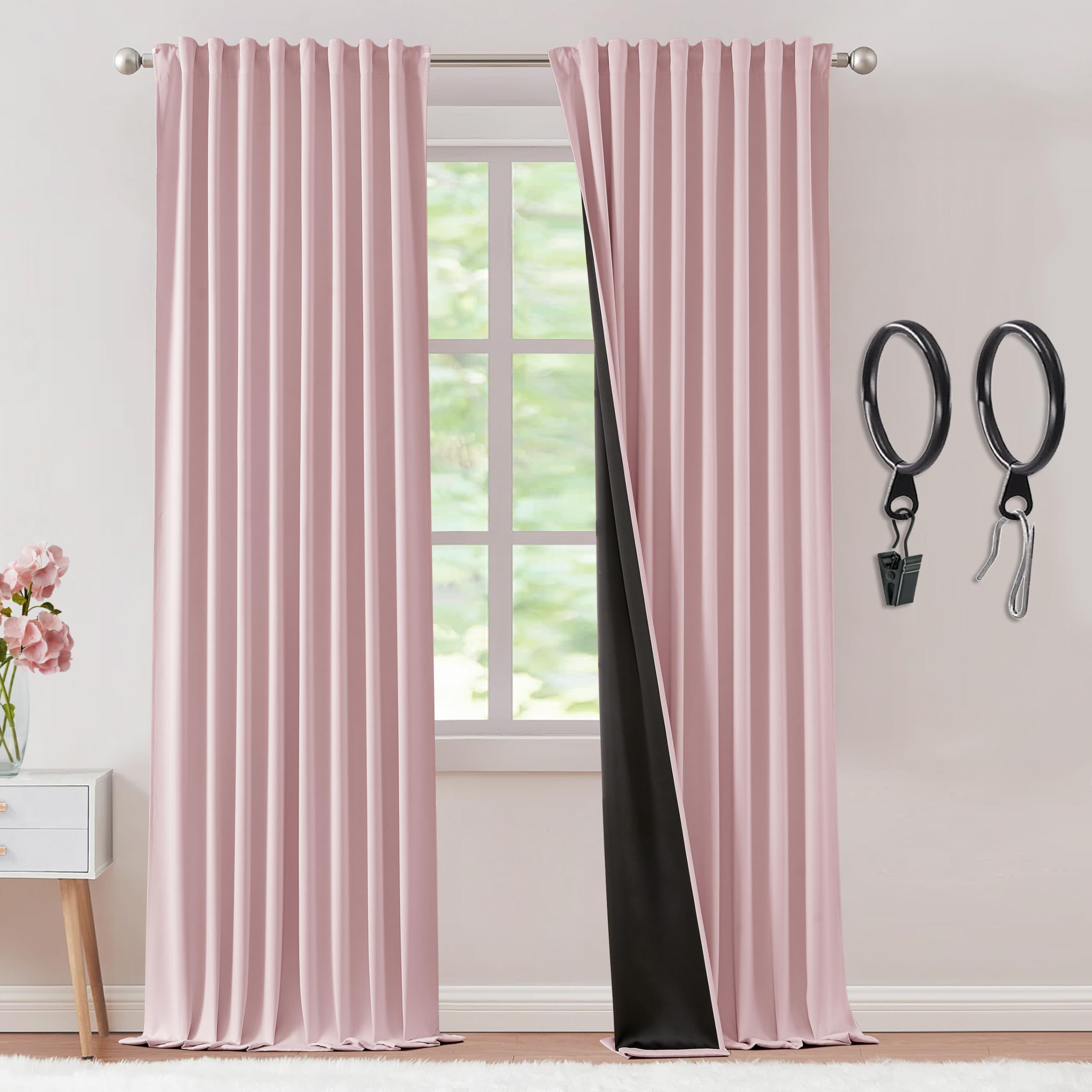 SHINELAND Pink Curtains 96 Inches Long 2 Panels 100% Blackout for Nursery Baby Room,Pretty Back Tab Pleated Boho Light Pink Ther