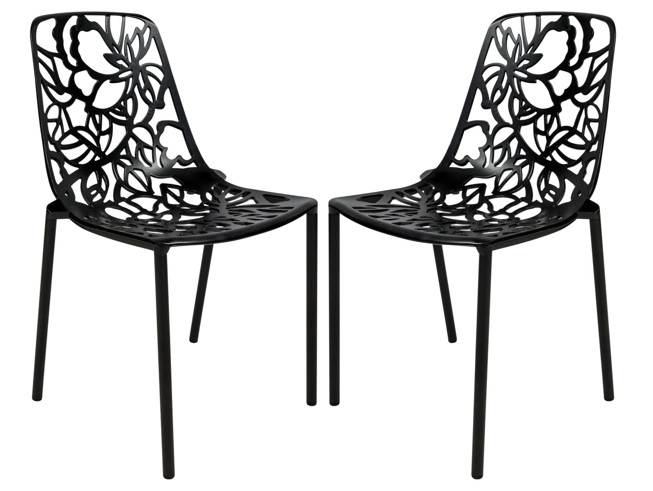 LeisureMod Aluminum Stackable Dining Chair Set of 2 with Floral Cutout Design, Black Patio Side Chair for Indoor and Outdoor Use