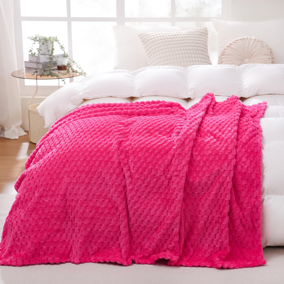 Puncuntex Hot Pink Throw Blanket 90''  90'' Inches Fuzzy 3D Jacquard Decorative Flannel Fleece Super Soft Plush Cozy Blanket For