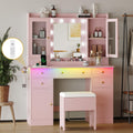 Makeup Vanity Desk with Mirror and Lights, Pink Vanity Table Set with Storage Drawers, Charging Station, Cabinets & Chair, Large