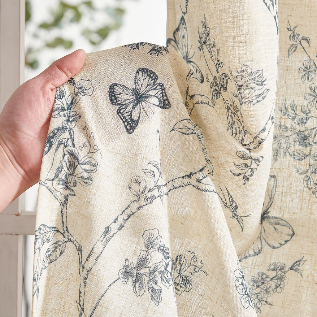 Lazzzy Blue Floral Curtains 84 Inch Length Linen Farmhouse Curtain Back Tab Drapes For Living Room Bedroom Light Filtering Vinta