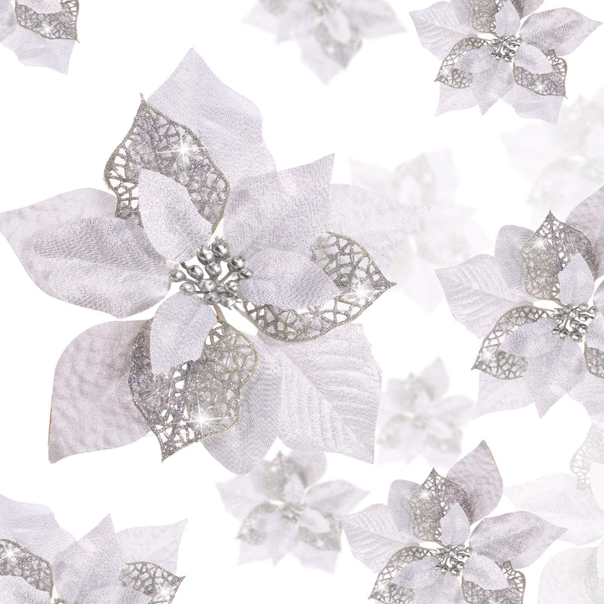 Boao 24 Pieces Christmas Artificial Glitter Poinsettia Flowers Xmas Flowers Wedding Christmas Tree New Year Ornaments(Silver)