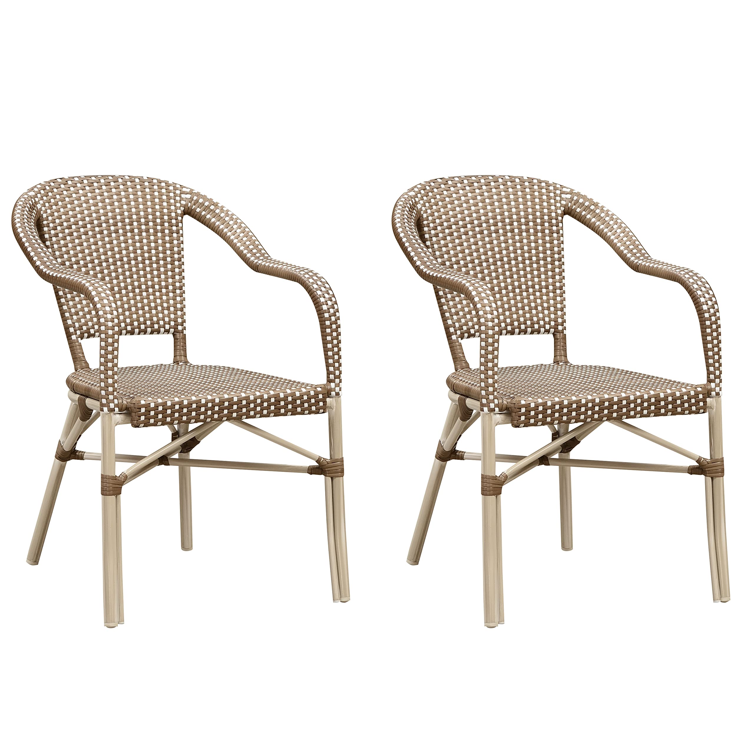 PURPLE LEAF Dining Chair Set of 2 Outdoor French Bistro Chairs Hand-Woven Aluminum Wicker Rattan Armchair for Garden Kitchen Bac