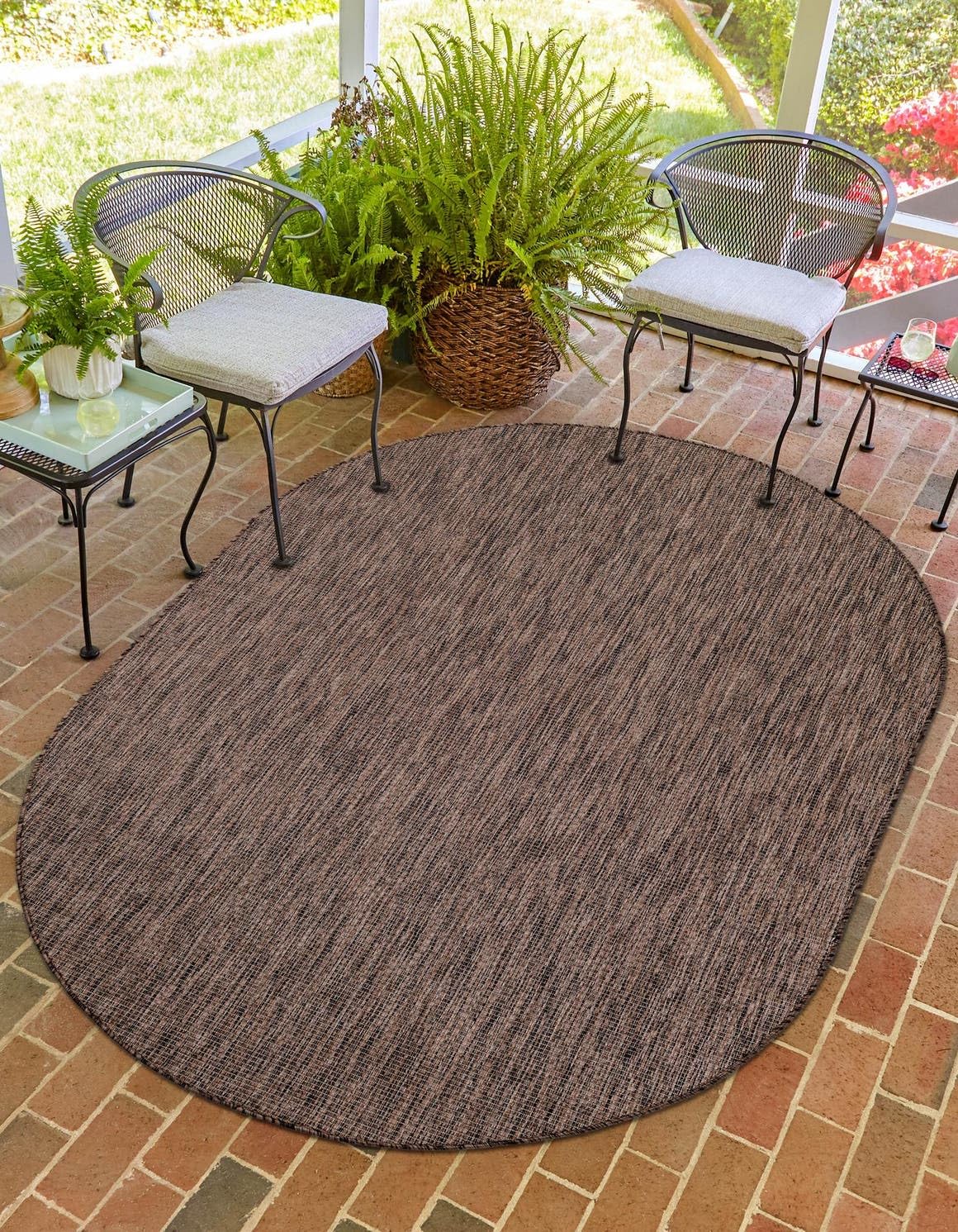 Unique Loom Outdoor Solid Collection Area Rug (3 3 x 5 3 Oval Light Brown/Ivory)