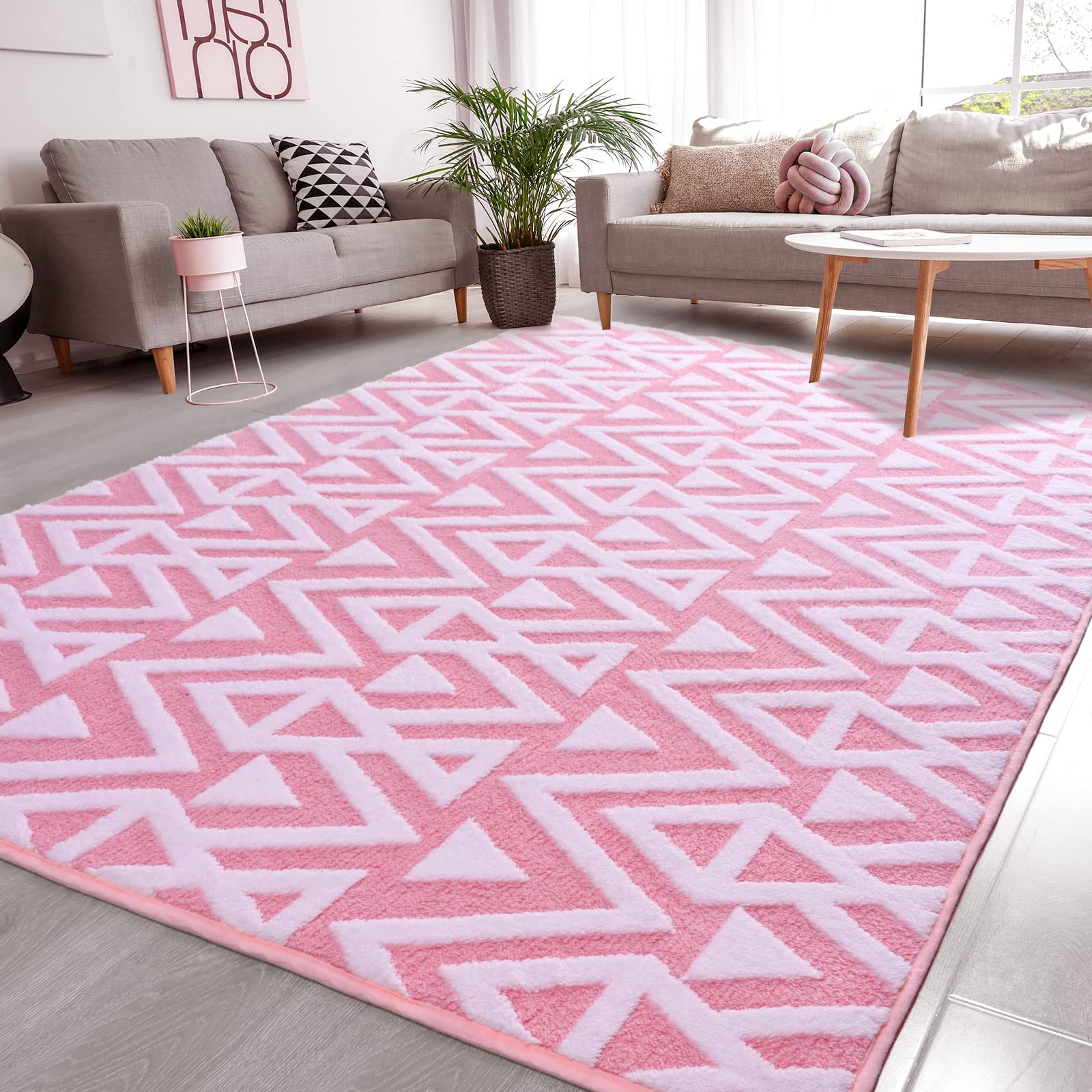 Ompaa Ultra Soft Shaggy Rugs Memory Foam Bedroom Carpet, Pink 7 x 10 Feet Large, Plush Geometric Textured Area Rugs for Living R