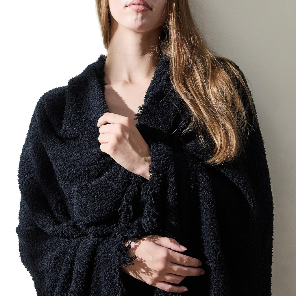 EASEON Black Throw Blanket for Couch-Soft Fall Boho Bed Throw Blanket,Knitted Fluffy Throw Blanket,Cozy Fuzzy Couch Blanket,Blan