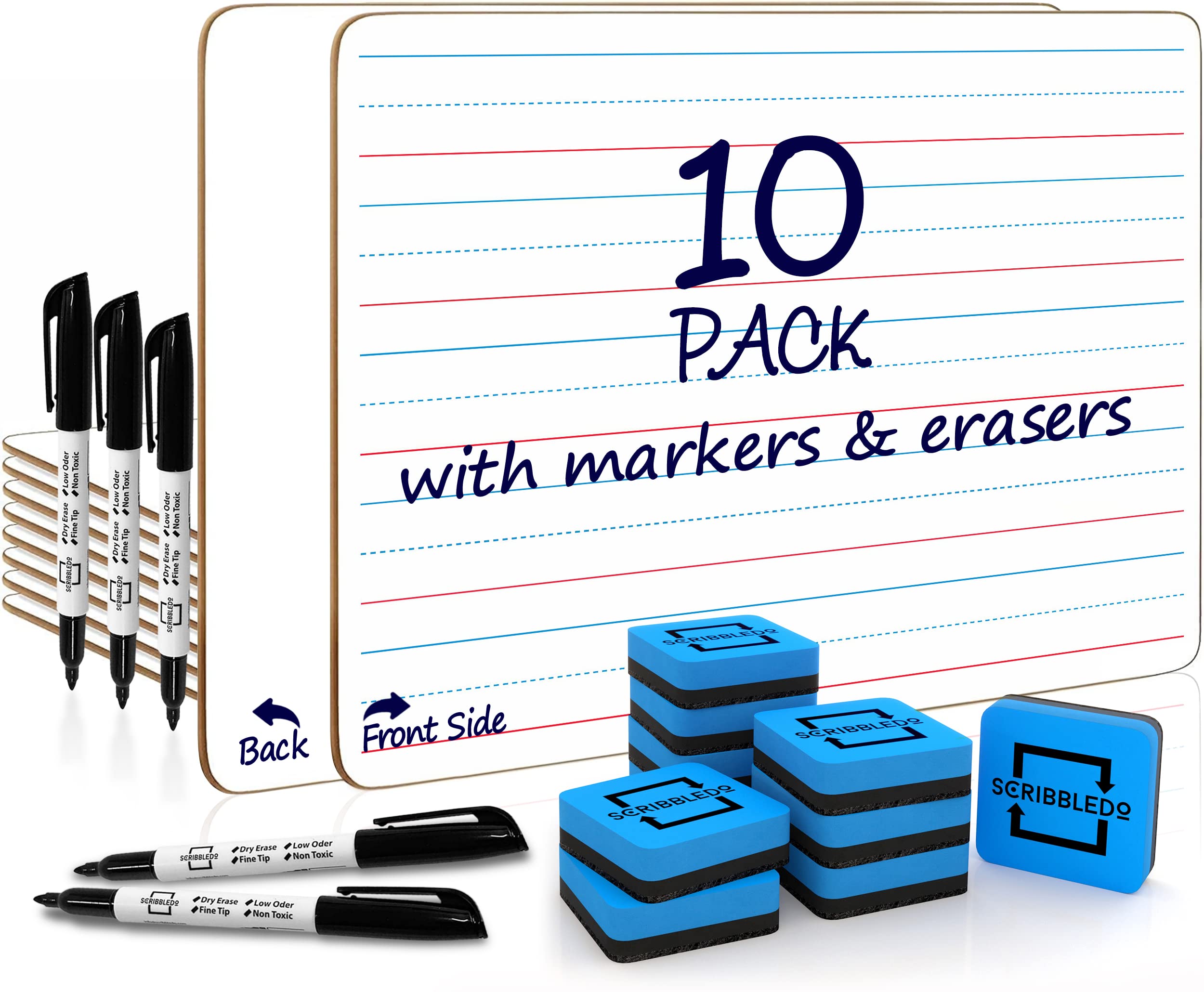 Scribbledo 10 Pack Double Sided Whiteboards Lined Dry Erase Board For Kids Ruled Writing Board Handwriting Practice For Kids Sma