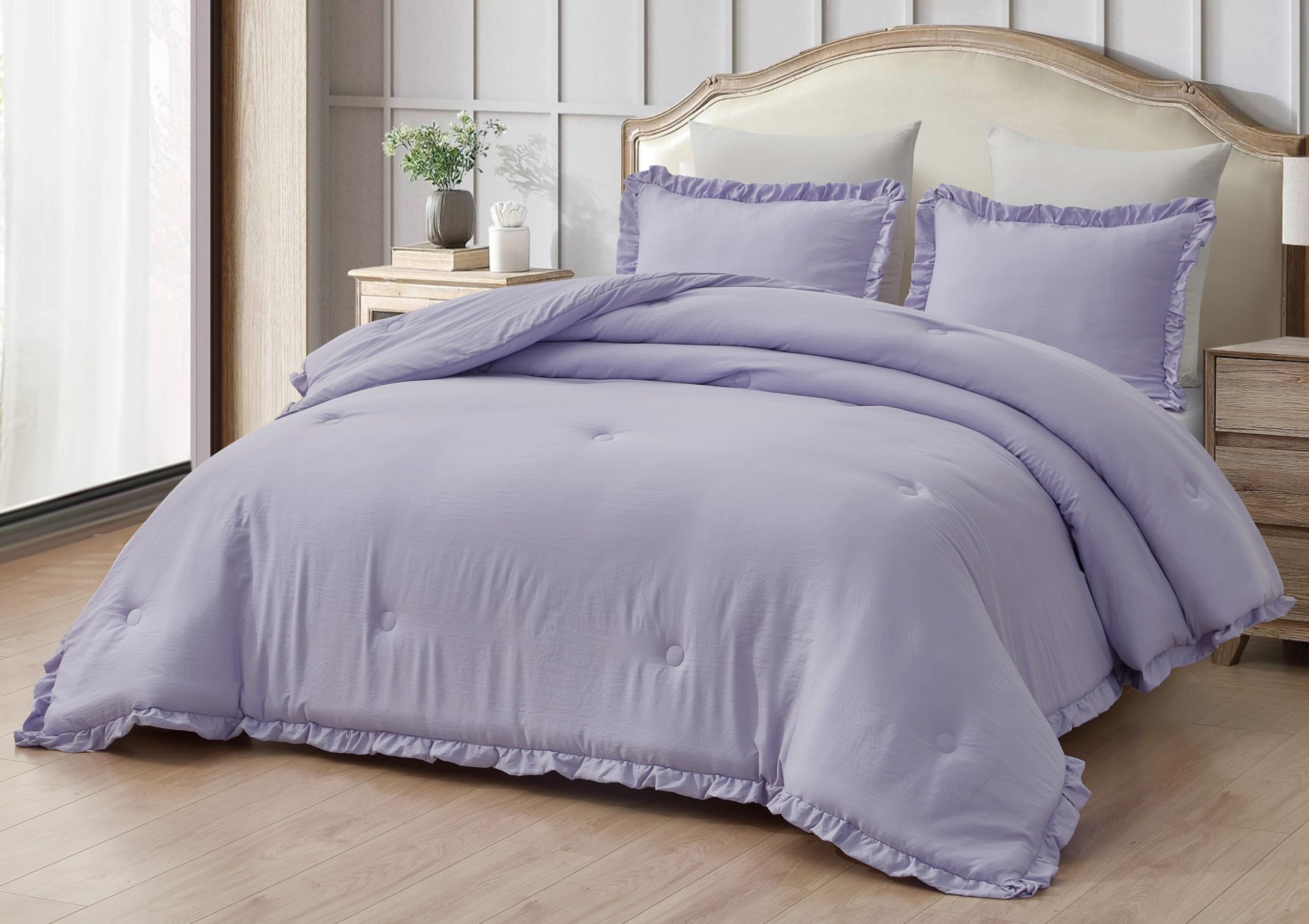 Chezmoi Collection Nora Lavender Comforter Set Twin Size 2-Piece Lightweight Soft Fluffy Ruffled Edge Trim Stone-Washed Microfib