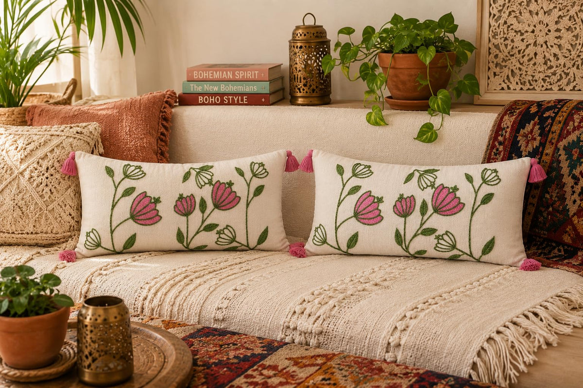 Jutiepie Hand Embroidered Beige & Brown Cotton Cushion Cover With Tassel | Sofa, Diwan, Bedroom, Living Room | Rectangle Throw P