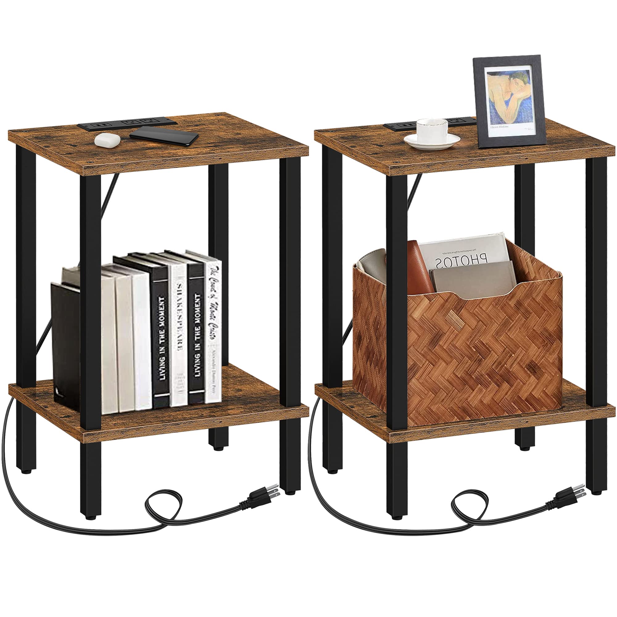 TUTOTAK End Table with Charging Station, Side Table with USB Ports and Outlets, Nightstand, 2-Tier Storage Shelf, Sofa Table for