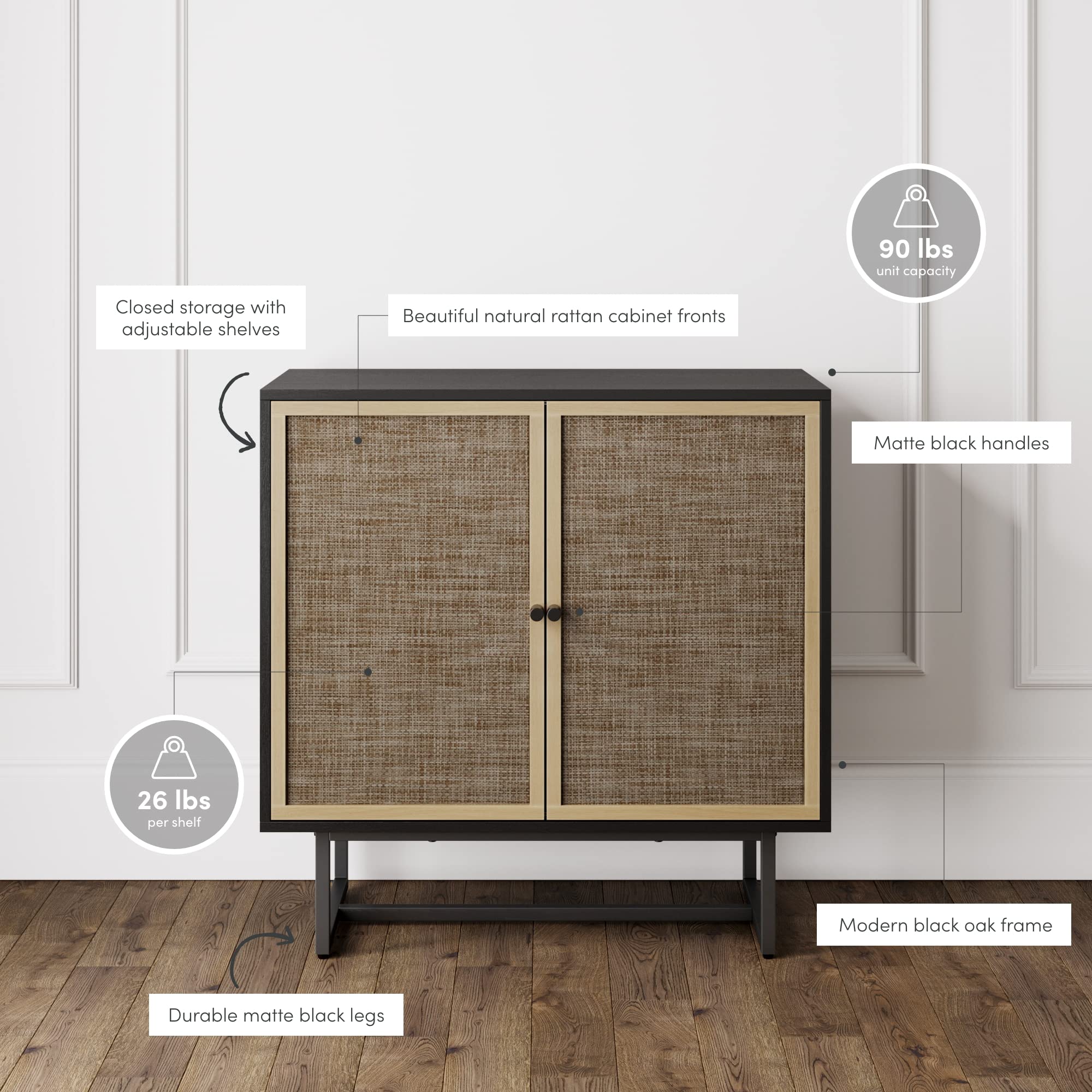Nathan James Kova Rattan Wood Accent Sideboard Storage Cabinet Console Table With Metal Frame, Adjustable Shelves And Cane Doors, For Hallway, Entryway Or Living Room, Black Oak/Cane, Set Of 3