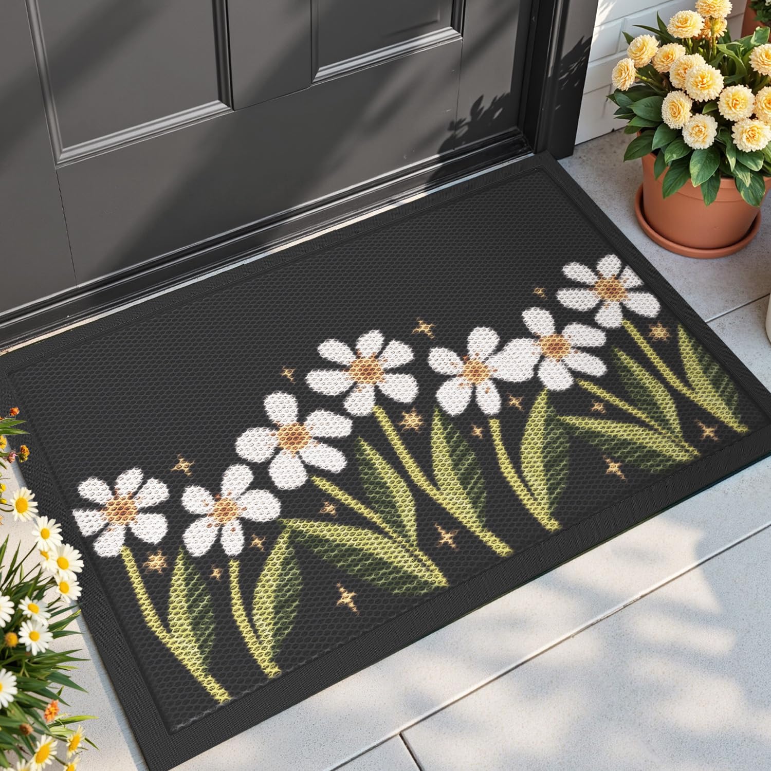 Dexi Front Door Mat Outside Entrance, Spring Wildflower Plant Welcome Doormat, Non Slip Dirt Resist Heavy Duty Entry Mats For En
