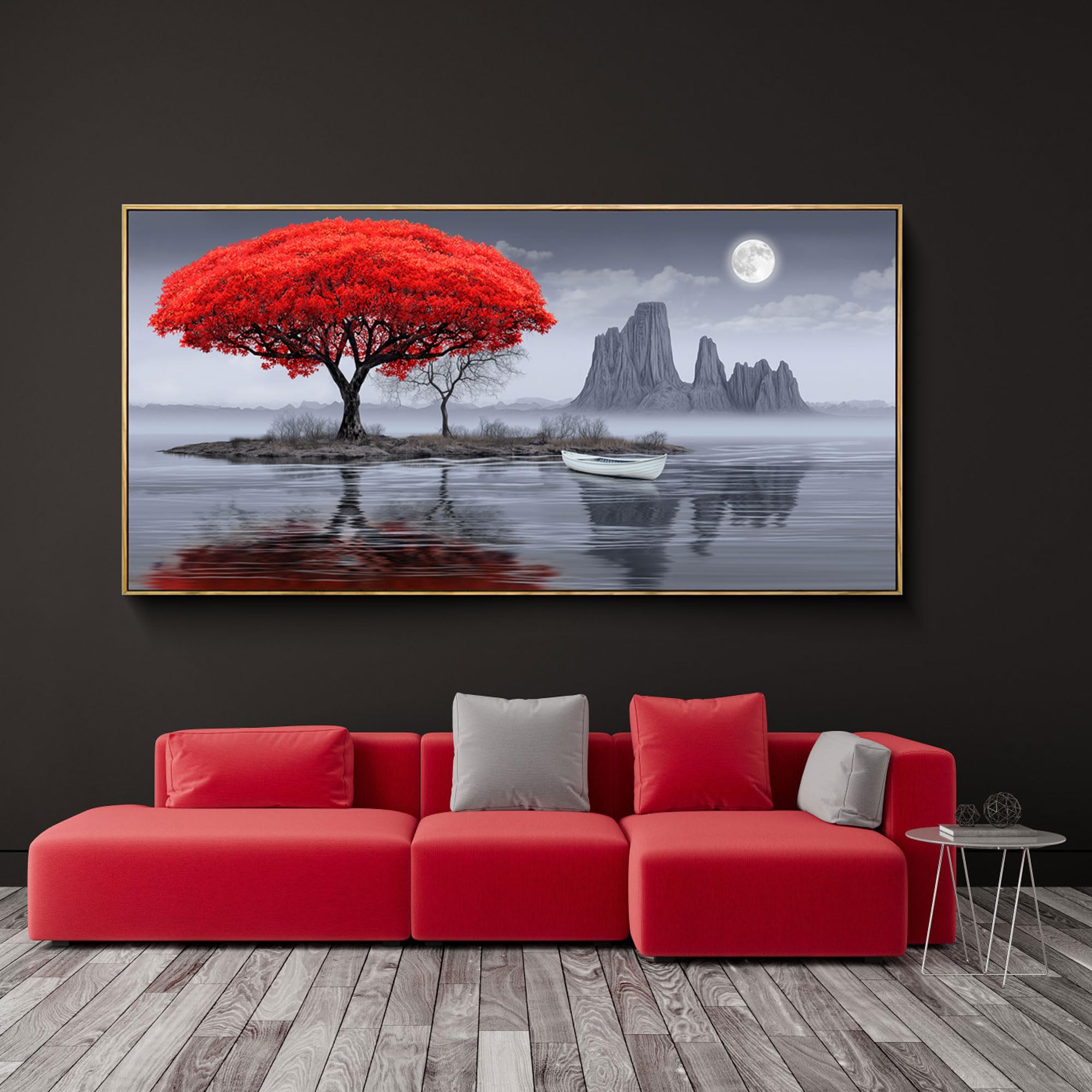 XLSJERST Large Wall Art - Red Room Wall Art Bedroom Decoration Frame Canvas Artwork Moon Landscape Lake Pacture for Living Room 