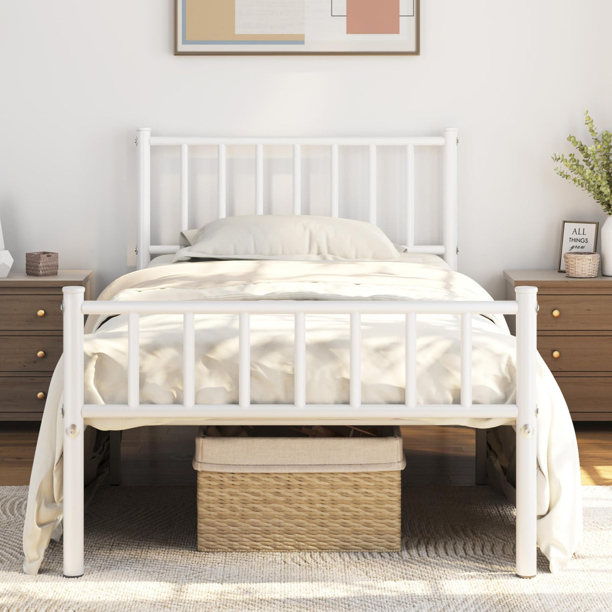 Yaheetech Twin Size Bed Frame Metal Platform Mattress Foundation With Spindle Headboard & Footboard/No Box Spring Needed/14 Inch Underbed Storage/Firm Support Easy Set Up Structure, White