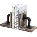 MyGift Solid Torched Wood Bookends with Realistic Industrial Pipe Design, Decorative Office Bookends Shelf Decor Desk Book Holde