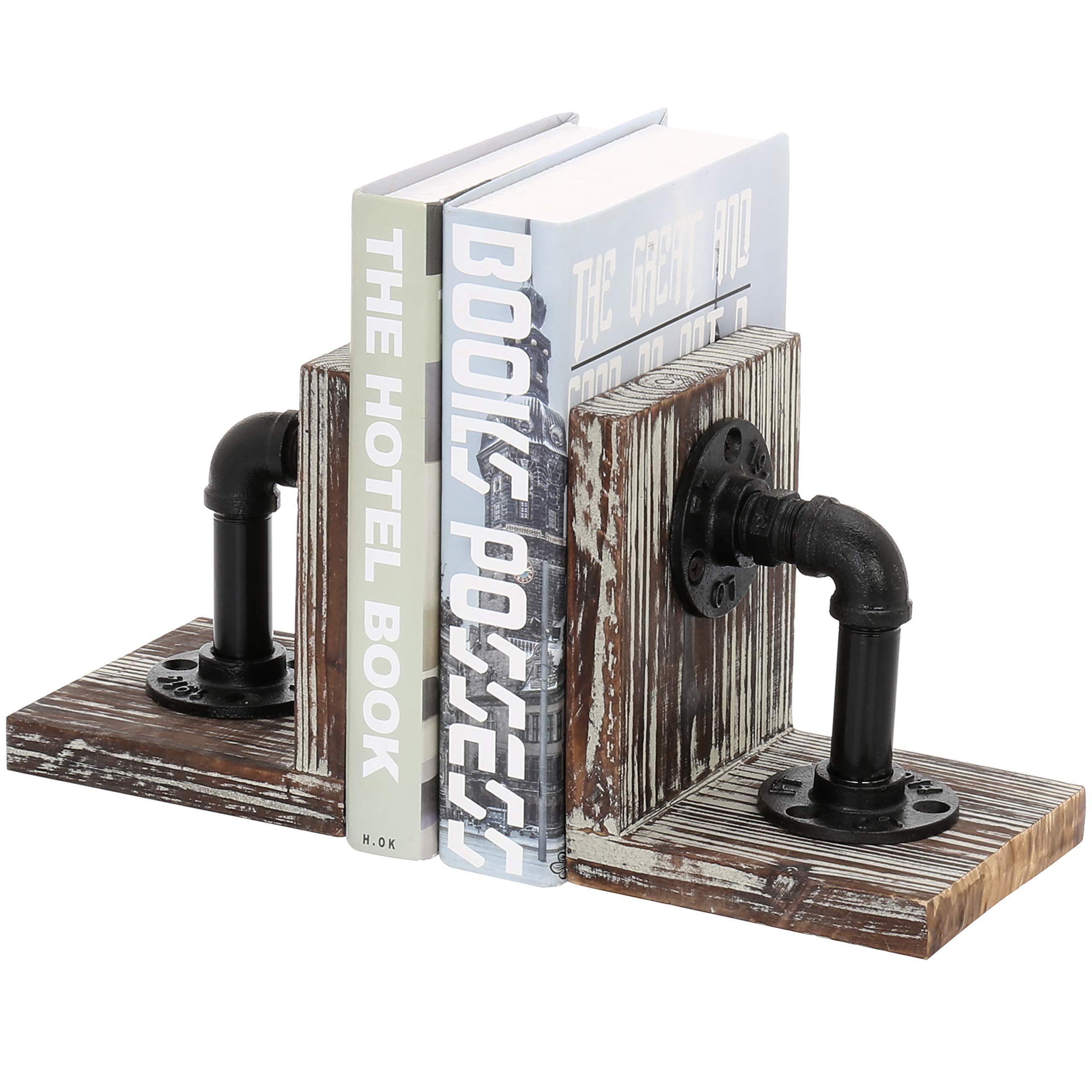 MyGift Solid Torched Wood Bookends with Realistic Industrial Pipe Design, Decorative Office Bookends Shelf Decor Desk Book Holde