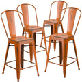 4 Pk. 24 High Distressed Orange Metal Indoor Counter Height Stool with Back