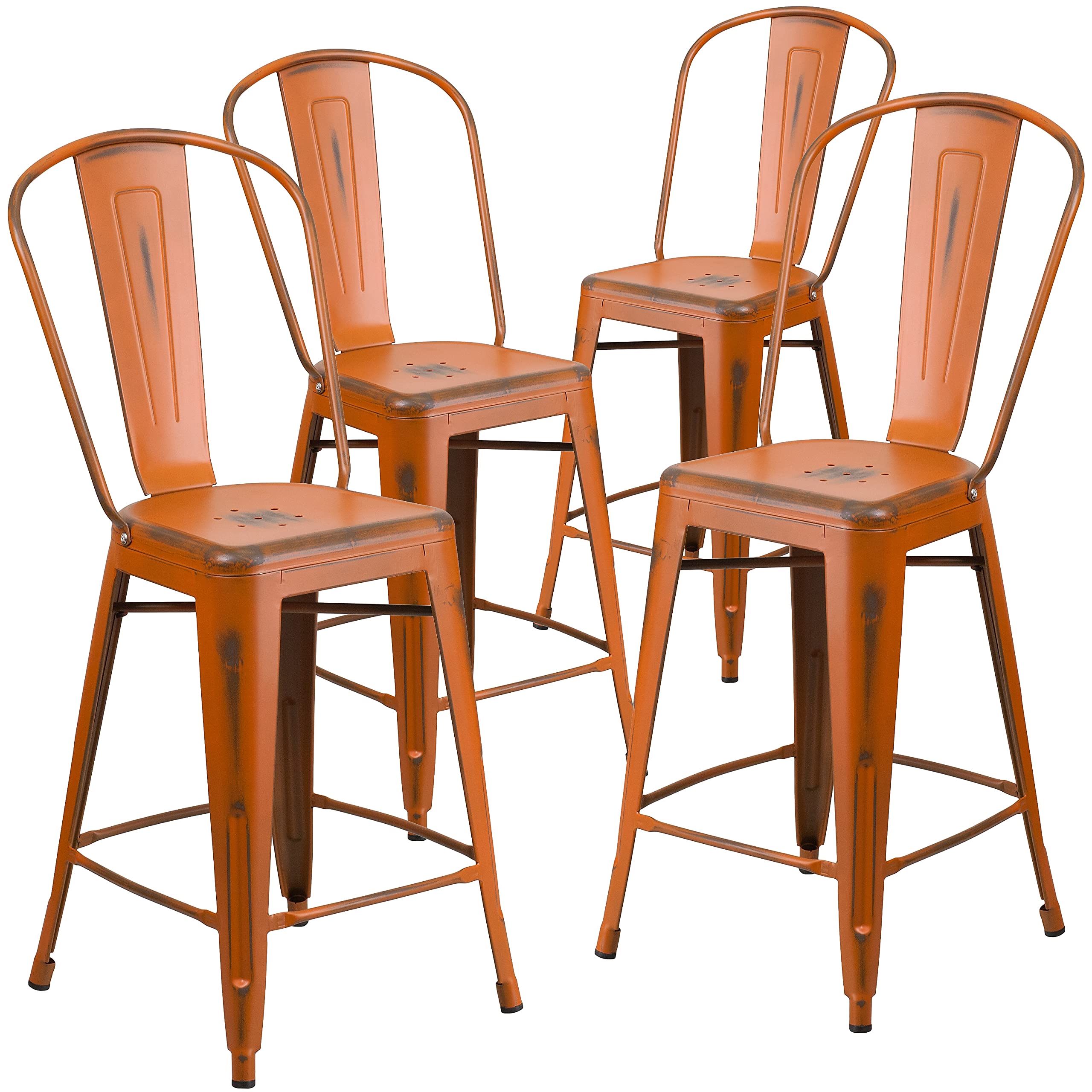 4 Pk. 24 High Distressed Orange Metal Indoor Counter Height Stool with Back