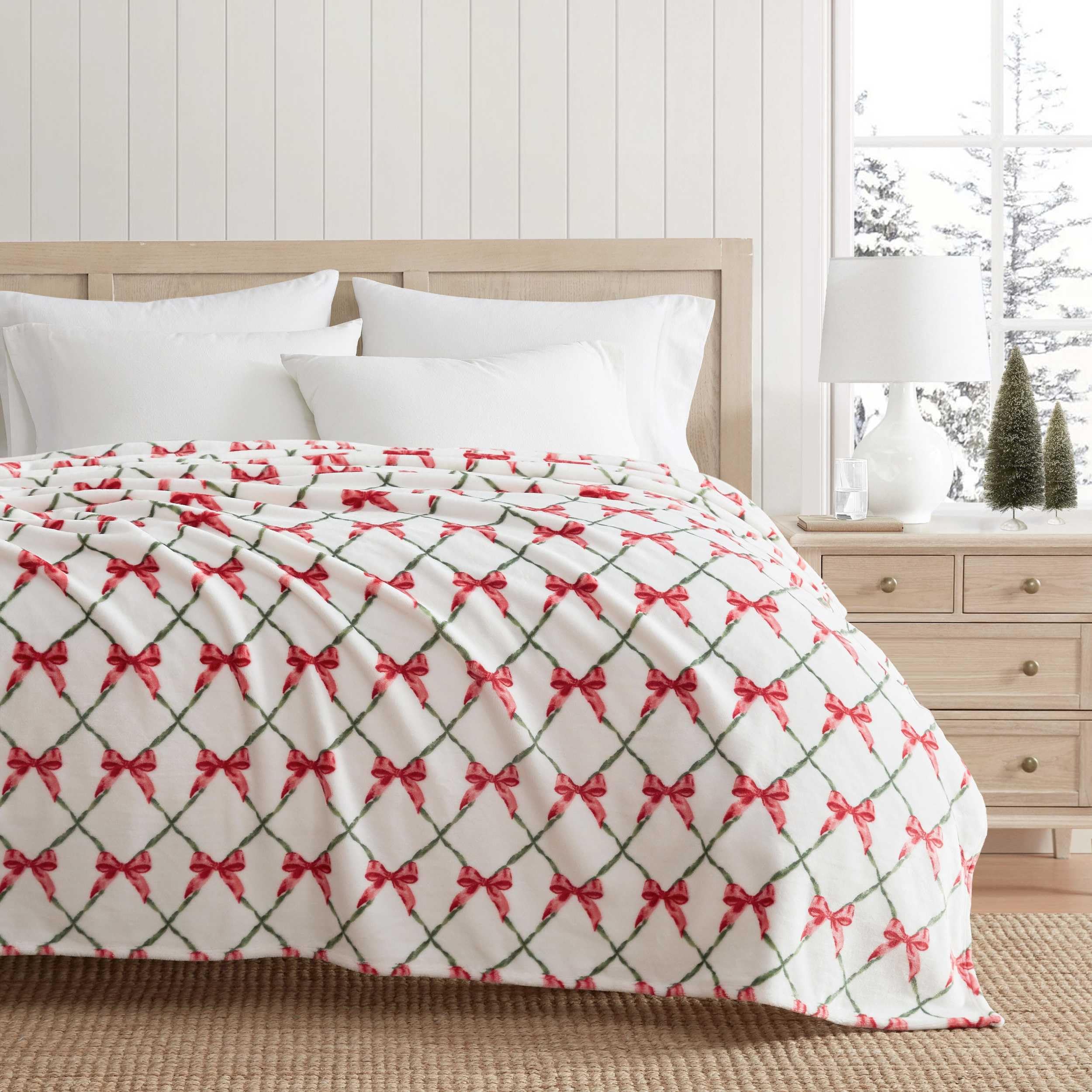 Martha Stewart - Blanket, Incredibly Soft Throw Blanket for Couch or Bed, Printed Plush & Oversized Bedding (Emmas Bow White, 60