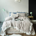 Susybao Beige Farmhouse Duvet Cover Queen 100% Washed Cotton Soft Ruffle Duvet Cover Set 3 Pieces 1 Vintage Striped Duvet Cover