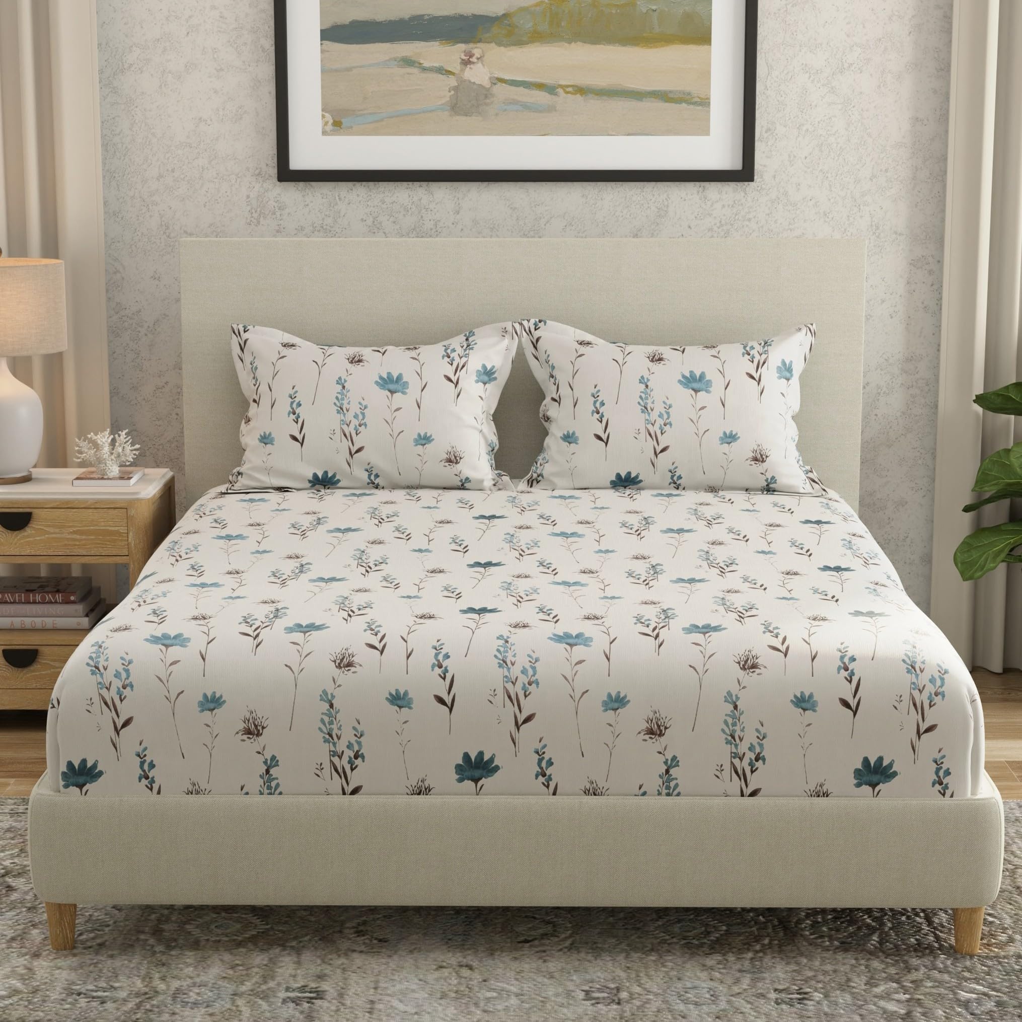 Huesland By Ahmedabad Cotton 144 Tc Double Bedsheet Cotton With 2 Pillow Covers | White & Blue