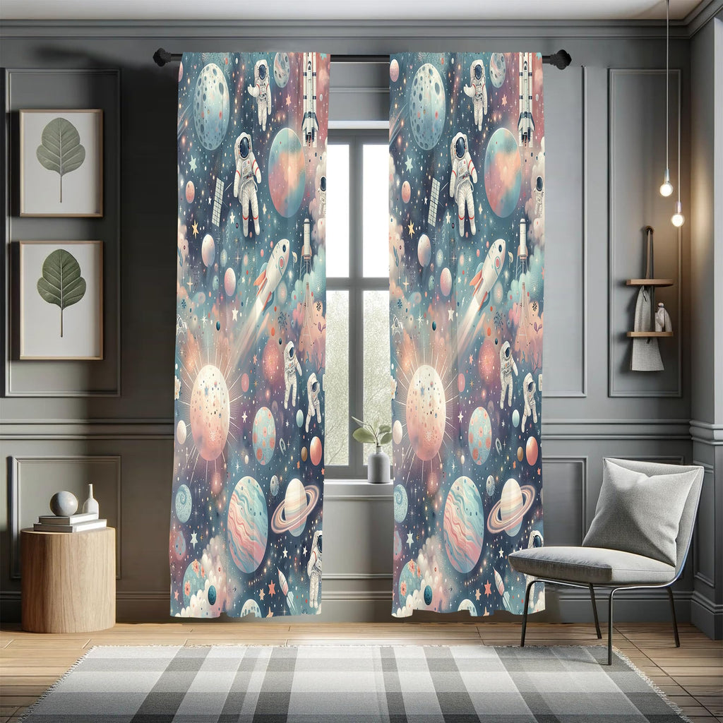 Ambesonne Outer Space Curtains, Dreamy Cartoon Galaxy with Starry Clouds Planets Astronauts Rockets, Window Treatments 2 Panel S