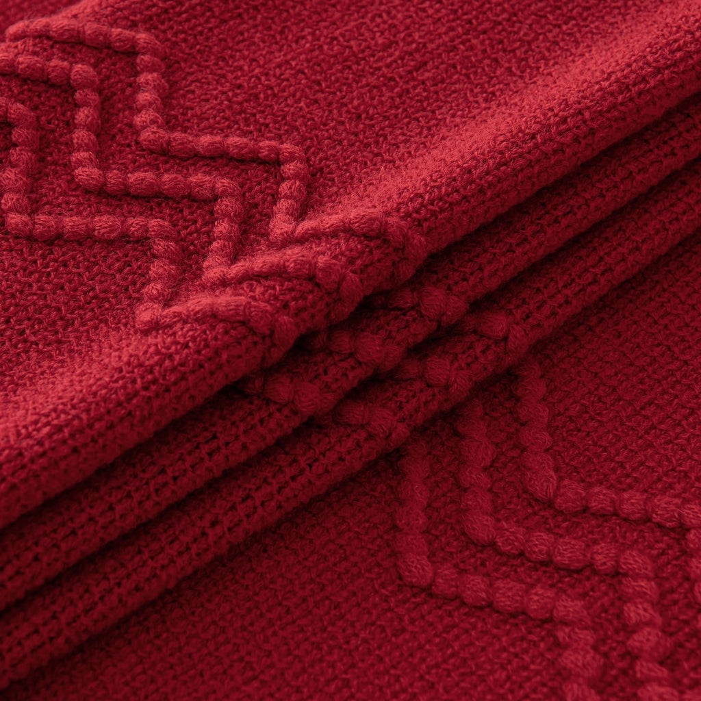 Miulee Christmas Burgundy Red Knitted Throw Blanket For Couch Textured Knit Blanket With Tassels Cozy Woven Boho Bed Blanket For Sofa Bed Chair Acrylic Wave Pattern 50'X60'