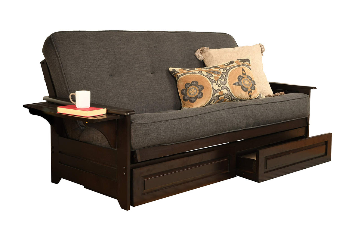 Phoenix Full Size Futon Couch In Espresso Finish With Storage Drawers - Wooden Frame - Solid Hardwood Construction